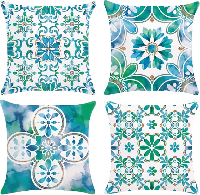 Bonhause Turquoise Boho Cushion Covers 45cm x 45cm Set of 4 Teal Mandala Geometric Flower Decorative Throw Pillow Covers Soft Velvet Pillowcases for Sofa Couch Garden Outdoor Home Decor