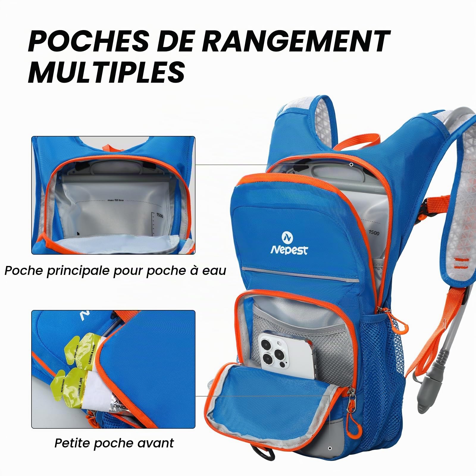 Nepest Sac à dos d'hydratation pour enfant, poche à eau de 1,5 l, bouteille d'eau respirante, avec bandes réfléchissantes et sangles réglables