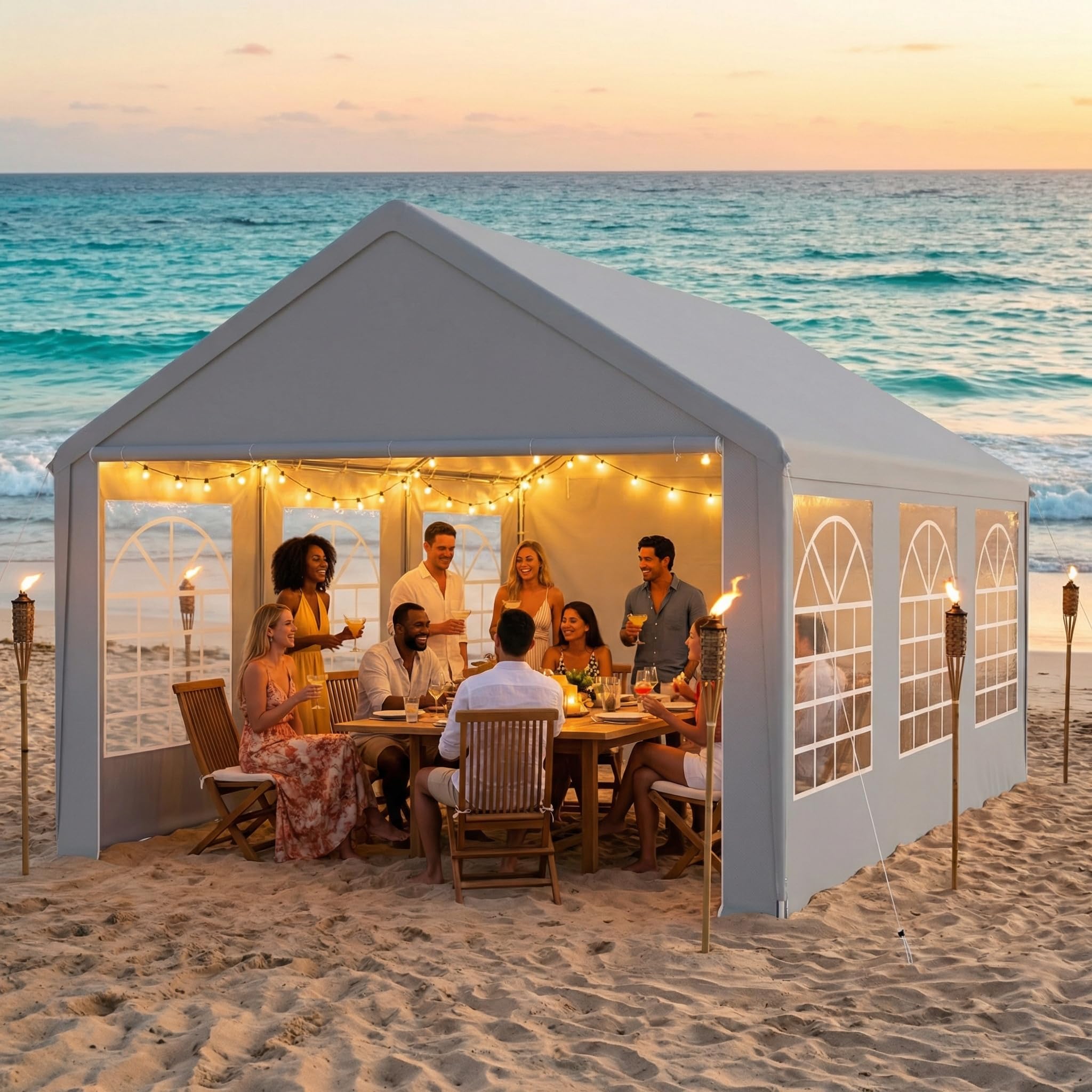 Partyzelt 4x8 m Wasserdicht UV-Schutz, Stabiler Garten Pavillon mit Seitenteilen und Fenstern, Winterfest PE-Plane Festzelt für Hochzeit Feier Außenbereich Grau