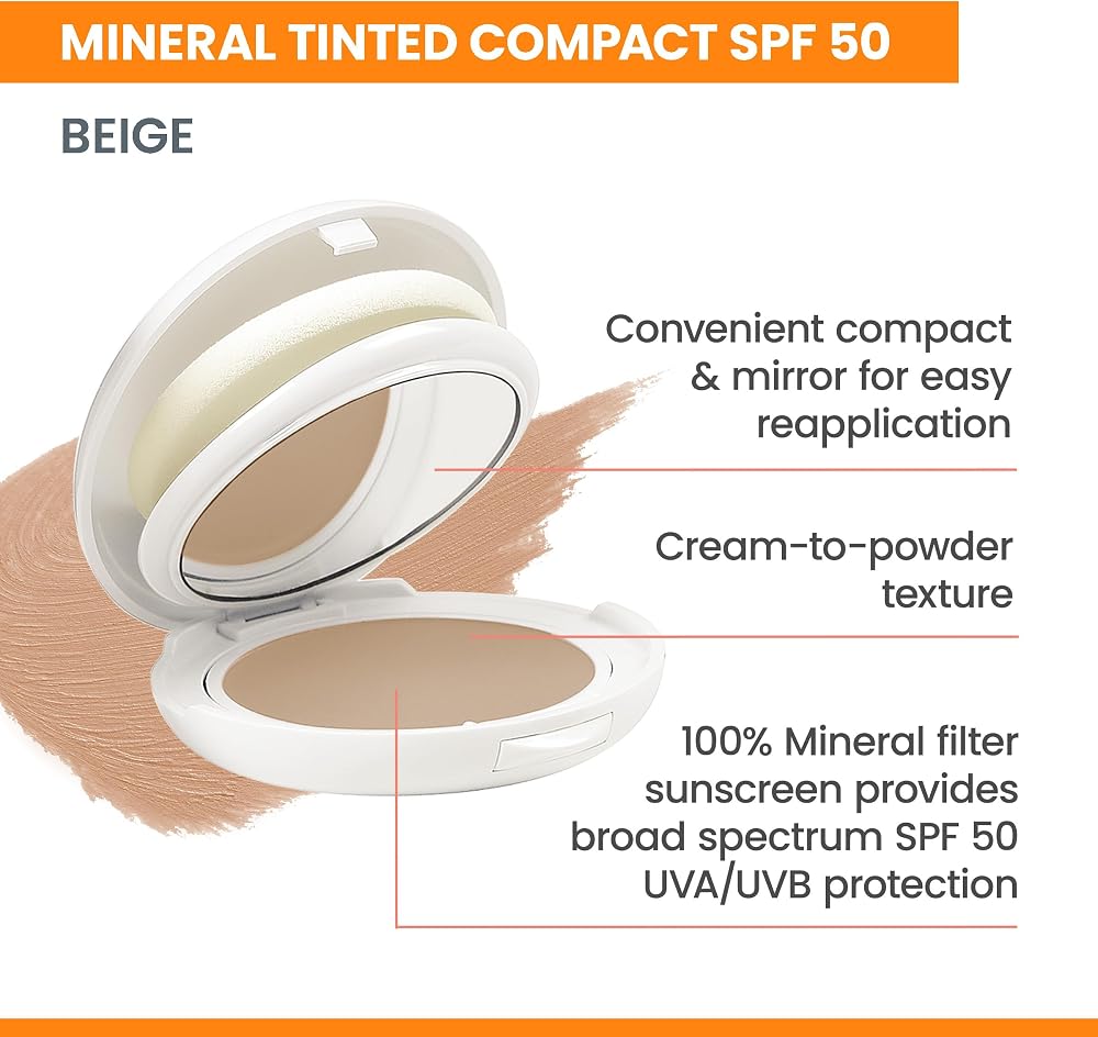 Avène High Protection Tinted Compact, Mineral Sunscreen, Tinted Sunscreen, Broad Spectrum SPF 50+, UVA/UVB Blue Light Protection, 100% Mineral, Water Resistant, Non-Greasy, Fragrance-Free