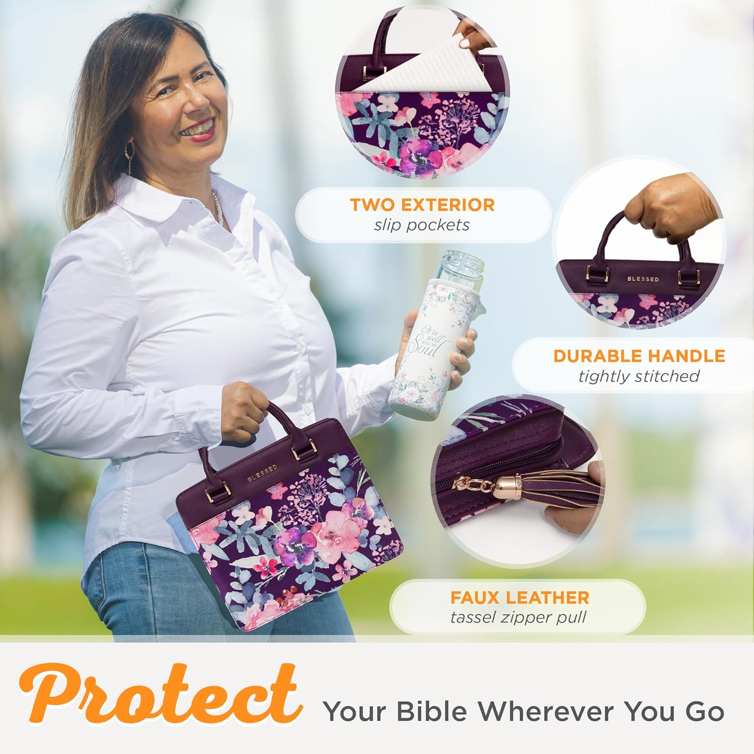 Christian Art Gifts Women's Fashion Bible Cover Purse Style Blessed, Purple Floral Faux Leather, Large