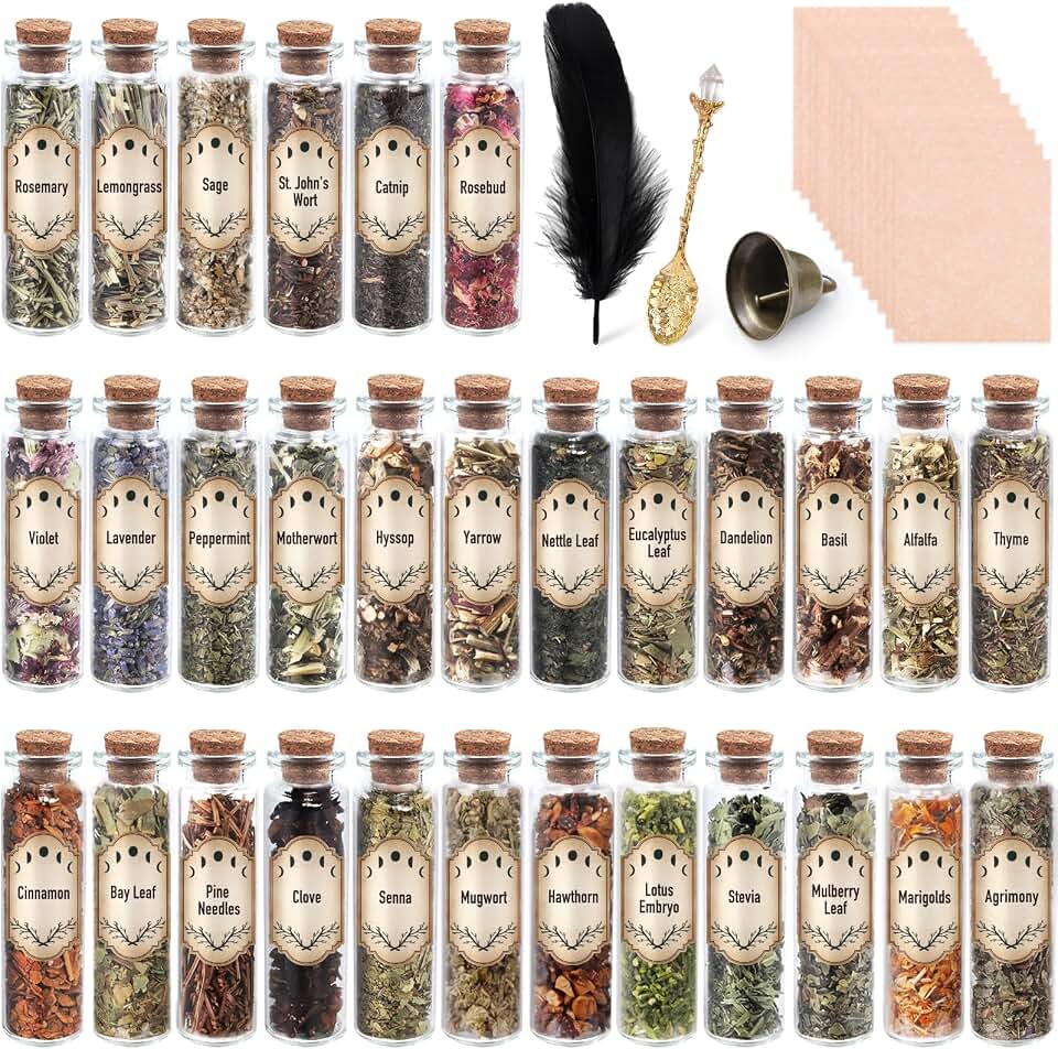 Witchcraft Supplies Herbs, Dried Flowers Bottles Kit for Beginner, 30 Pack | Spiritual Gifts for Women, Wicca Altar Supplies, Magic Love Spell Jar, Mixed Botanicals with Lavender Rosemary Clove Mugwort