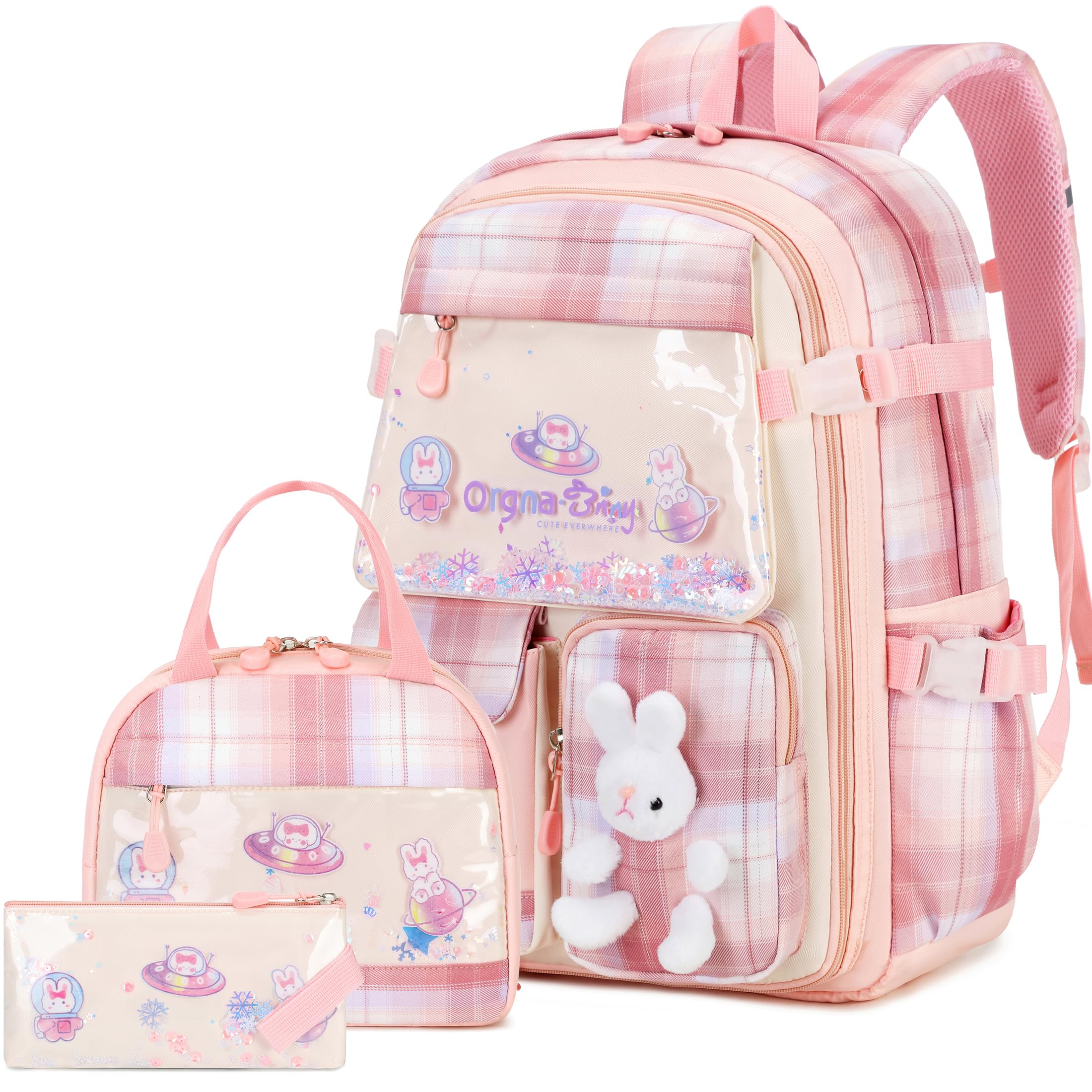 FIXITOK Girls Backpack Set, 3PCS Kids Backpack for Girls, Kawaii Bunny School Backpacks for Girl Kindergarten Elementary Preschool Middle School Bags