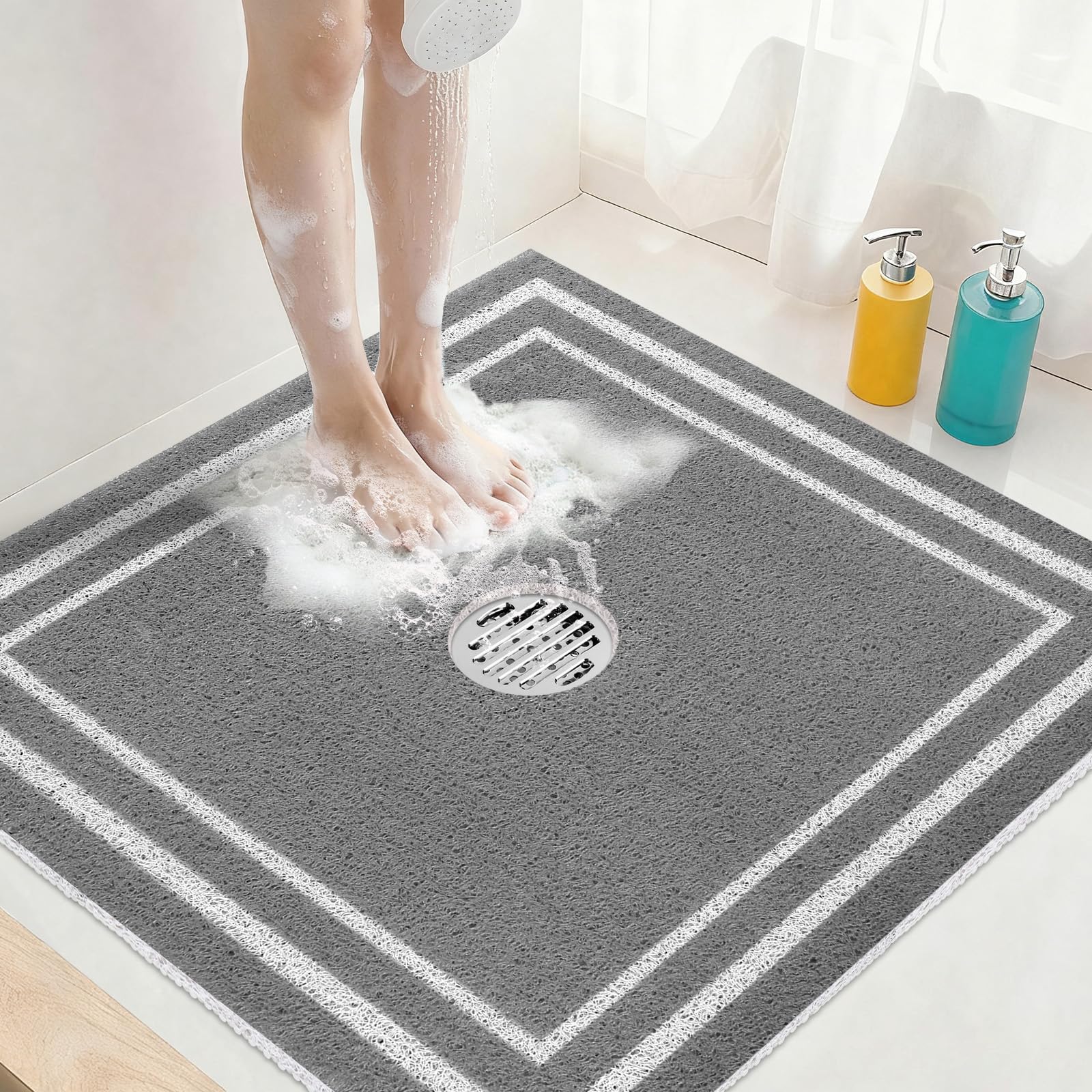 Square Shower Mat Non Slip: 24x24 Inch Extra Large Shower Mats for Inside Shower, Non Slip Shower Mat with Drain Hole in Middle- Anti Slip Shower Floor Mat, Loofah Shower Stall Mats for Elderly