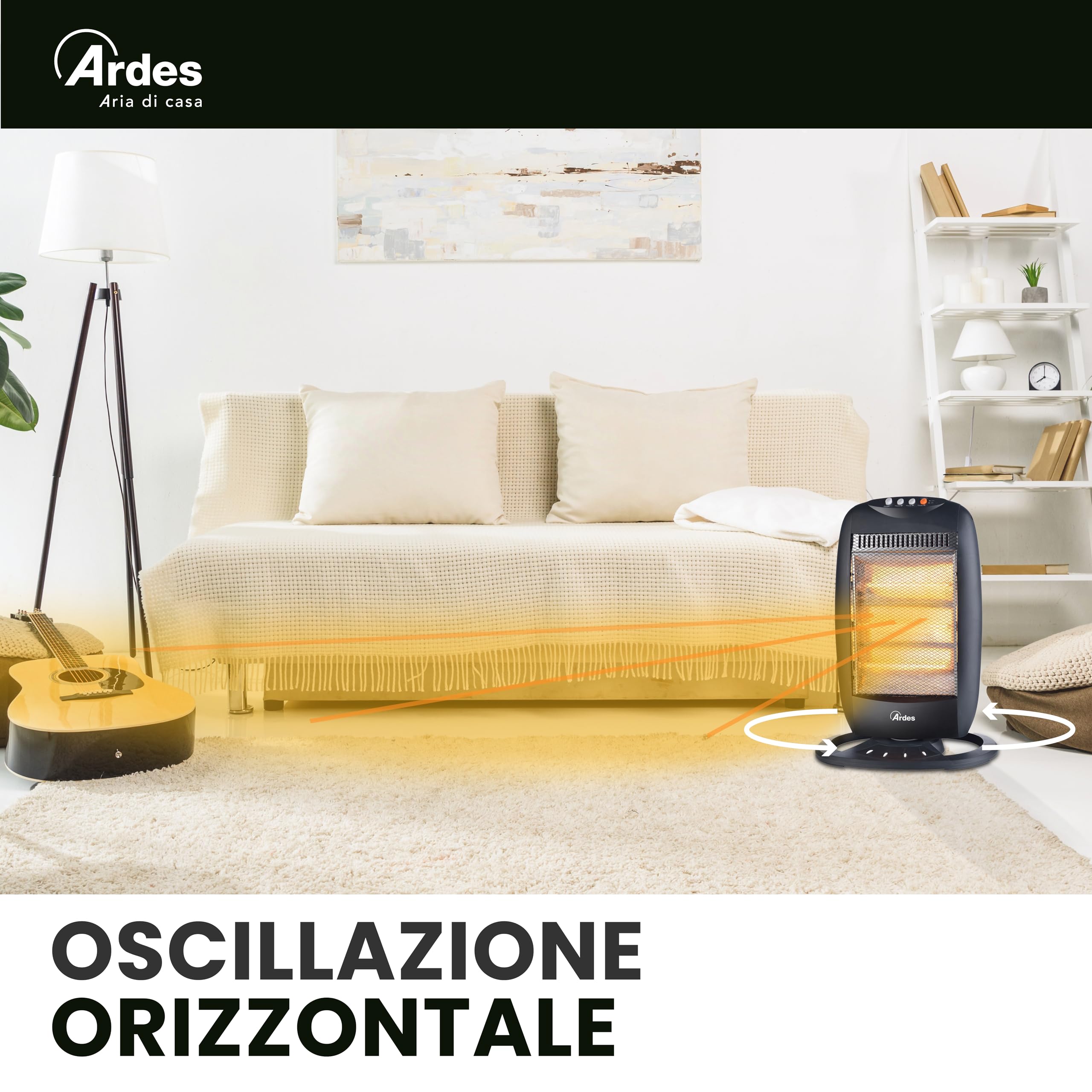 ARDES HALO 12 AR454B Stufa elettrica alogena 1200 W con 3 livelli | oscillazione orizzontale e copertura 40 m³, termoventilatore a basso consumo per uso domestico