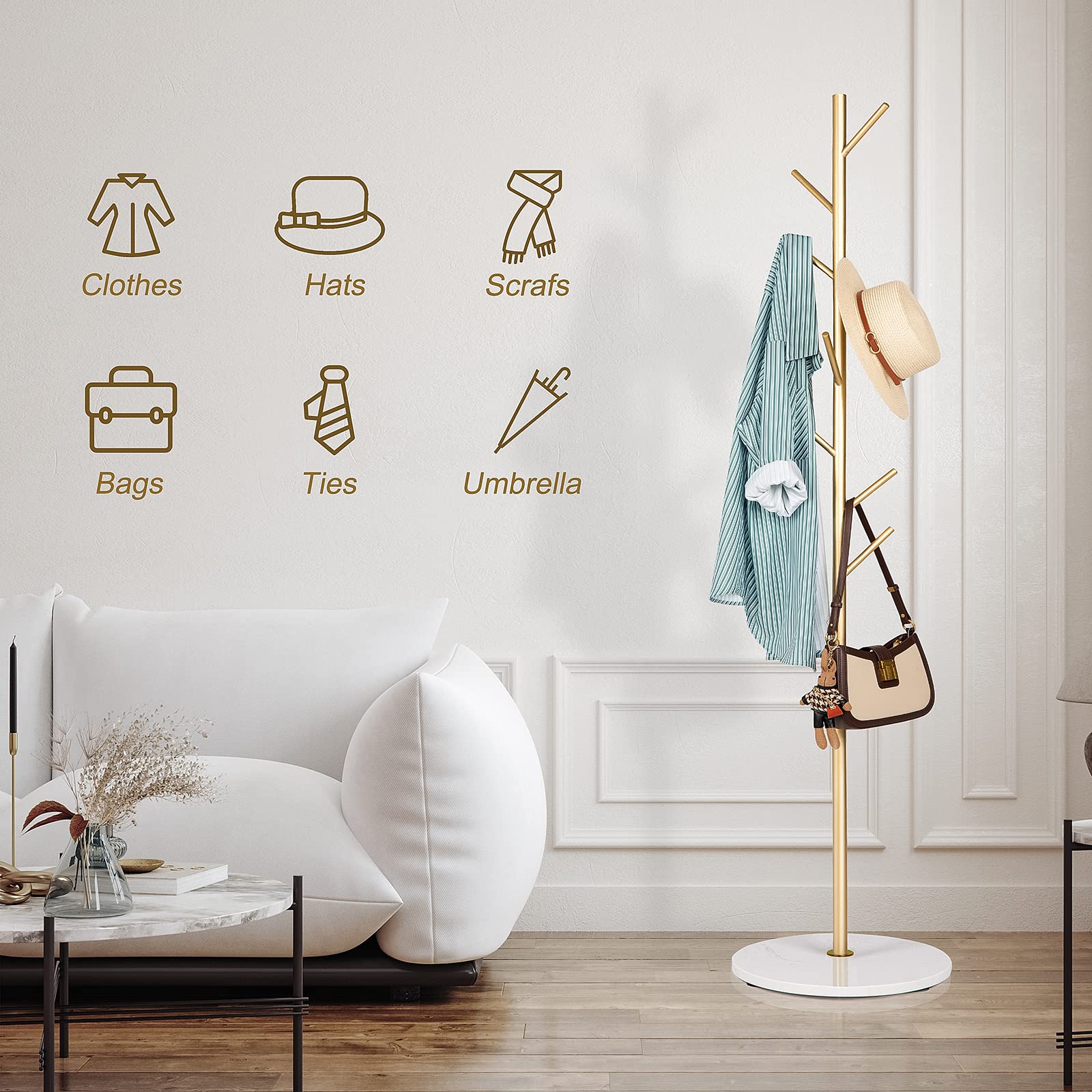 ZOZOE Appendiabiti in metallo, moderno appendiabiti autoportante con base in marmo naturale, design girevole a 360° con 14 ganci, albero appendiabiti per borse, cappelli, ingresso, ufficio
