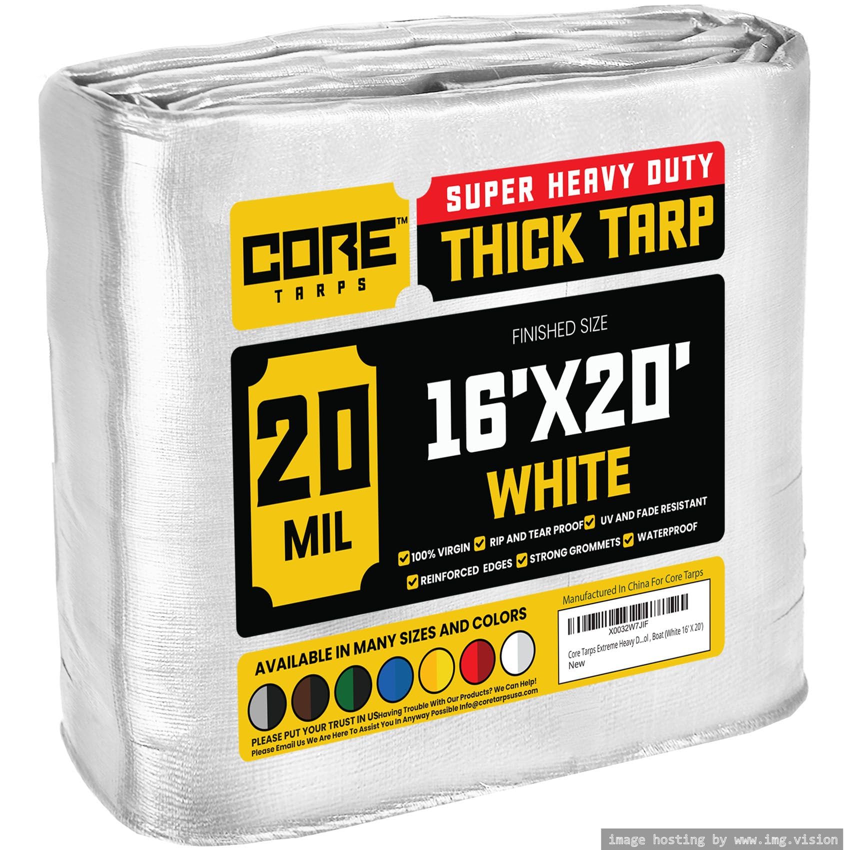 Core Tarps Extreme Heavy Duty 20 Mil Tarp Cover, Waterproof, UV Resistant, Rip and Tear Proof, Poly Tarpaulin with Reinforced Edges for Roof, Patio, Pool, Boat (White 16′ X 20′)