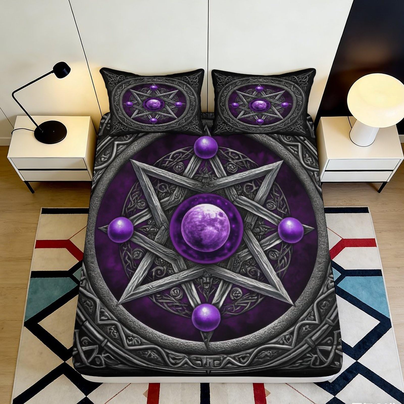 3D Printed Purple Mystic Star Fitted Sheet Microfiber Soft Durable Gothic Pentagram Bed Cover for Bedroom Dormitory Guest Room Mattress Protection 90x200x25cm