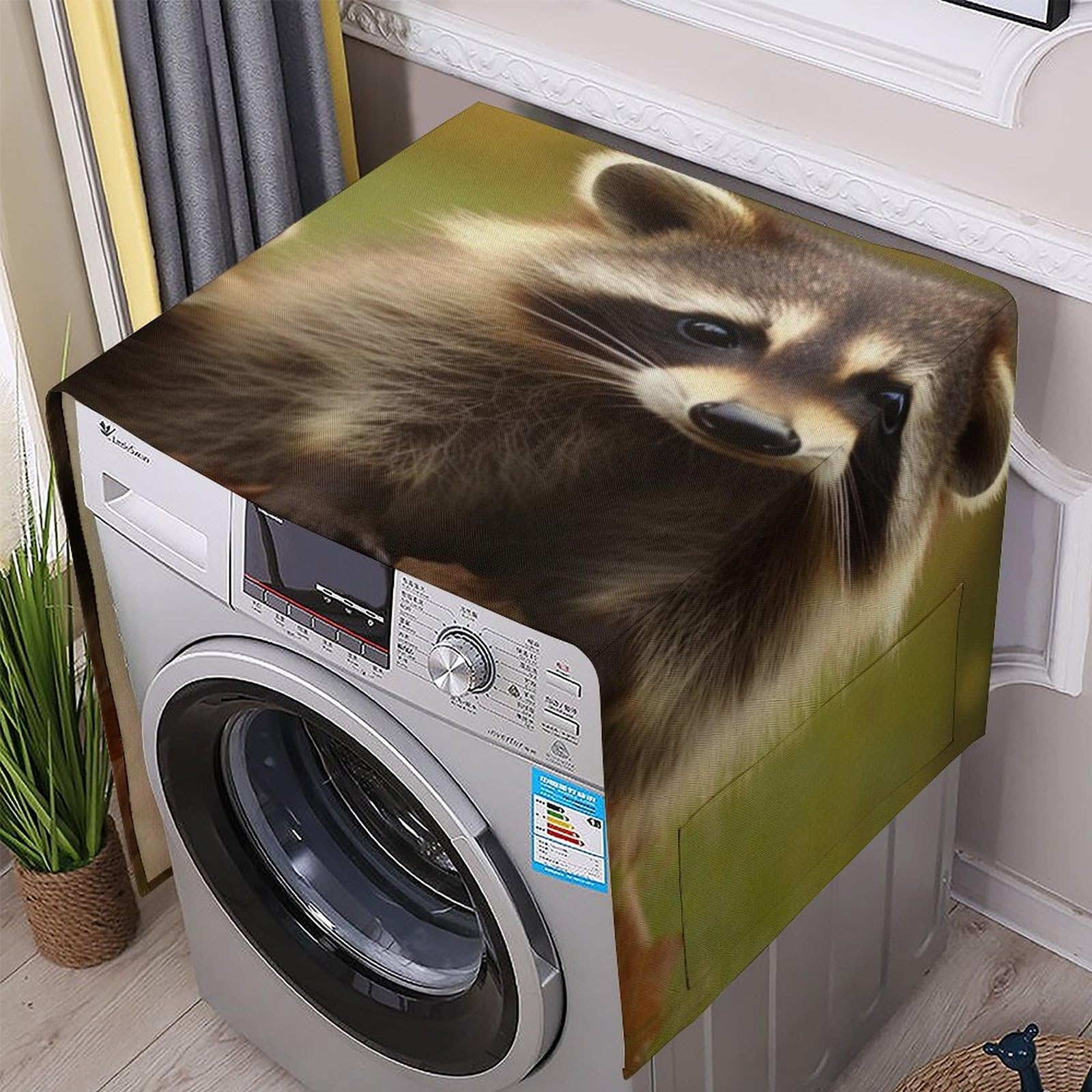 Fodpand White Washing Machine Cover For Top Load Dustproof Raccoon Washer And Dryer Cover With Storage Pockets Household Appliance Covers Washable Top Protector Mat Pad For Laundry & Kitchen