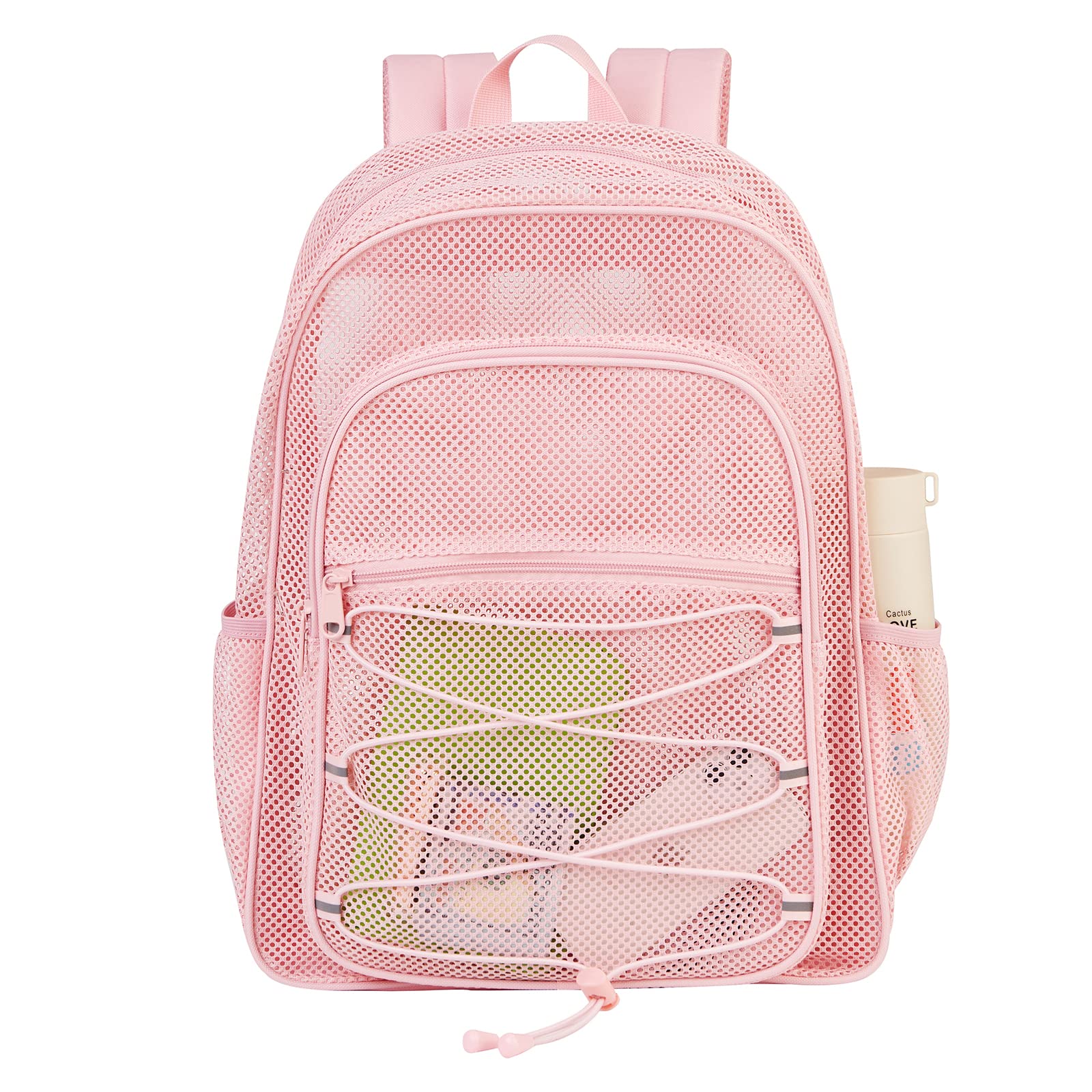 COVAX Heavy Duty Mesh Backpack, Semi-transparent Mesh Bookbag,See Through College Backpack with Bungee and Comfort Padded Straps for Commuting, Swimming, Beach, Outdoor Sports (Pink)
