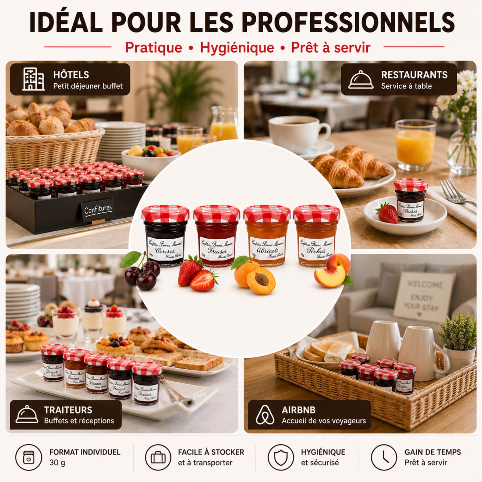 BONNE MAMAN - 60 Confitures Fraise/Abricot/Pêche/Cerise - 30 g