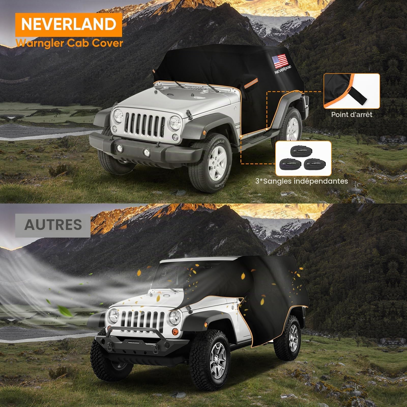 Housse de Cabine Wrangler pour Jeep Wrangler JK JL 2 Portes de 2007 à 2024, Housse de Voiture NEVERLAND imperméable avec Bande réfléchissante, Housse de Voiture résistante au Soleil et à la Neige,