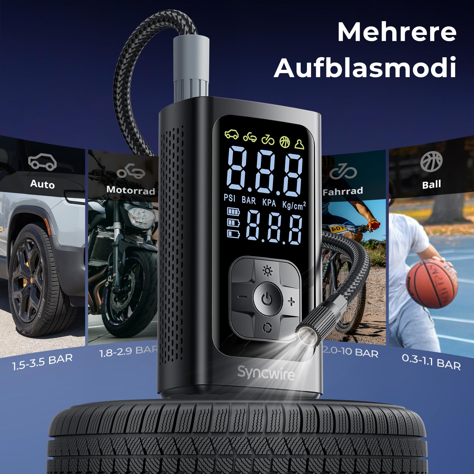 Syncwire Tragbarer Luftkompressor Mini Reifenpumpe - 10.35Bar Schnellere Elektrische Luftpumpe Autoreifenpumpe Car Inflator für Auto, Motorrad, Fahrrad & Bälle, mit Ventilkappen für Reifen, Großes LCD