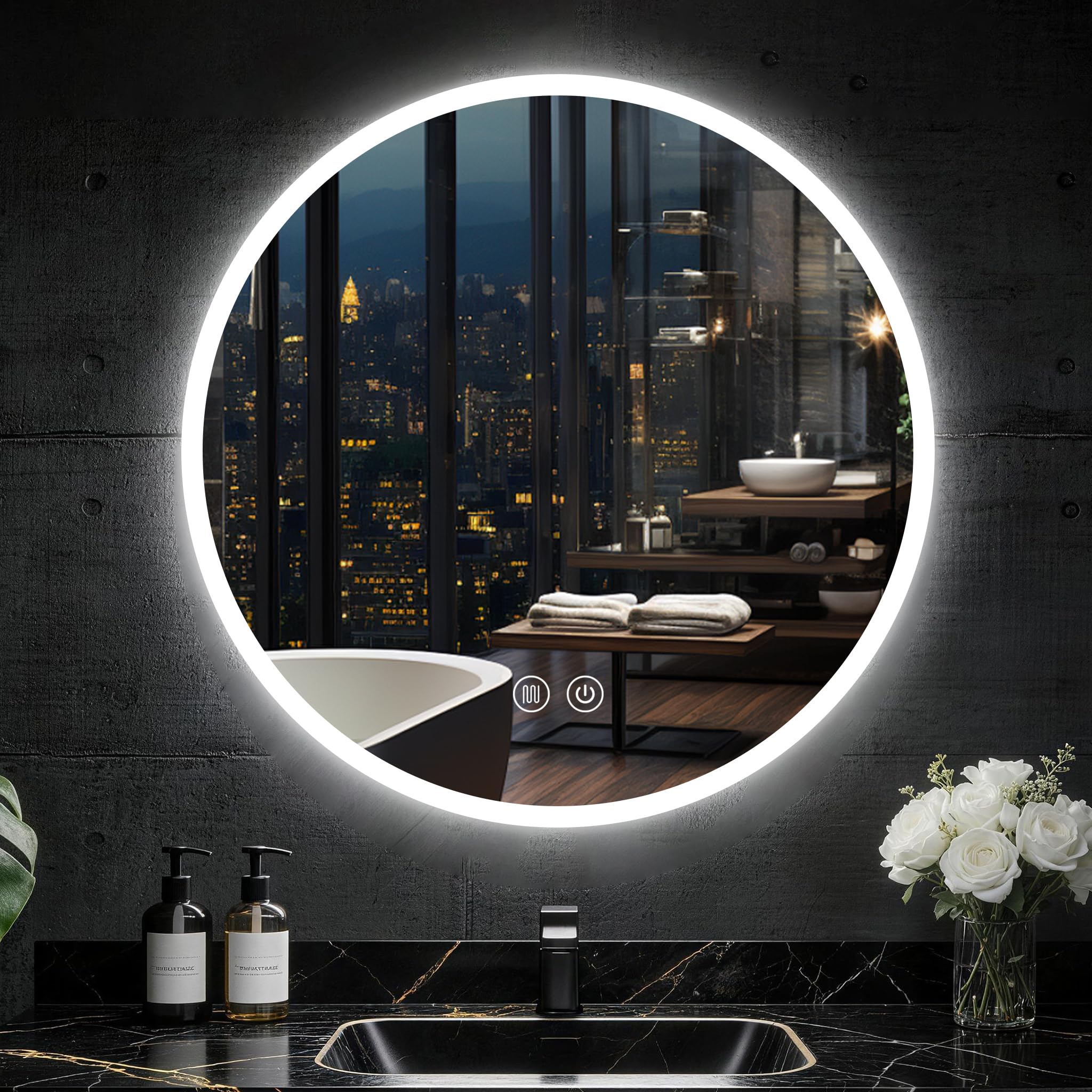 Badspiegel mit Beleuchtung 60cm, Runder Spiegel Badezimmerspiegel mit Beleuchtung, Touch-Schalter, Speicherfunktion, HD Hartglas, 3 Lichtfarben Dimmbarer LED Badezimmer Wandspiegel,60cm Rund