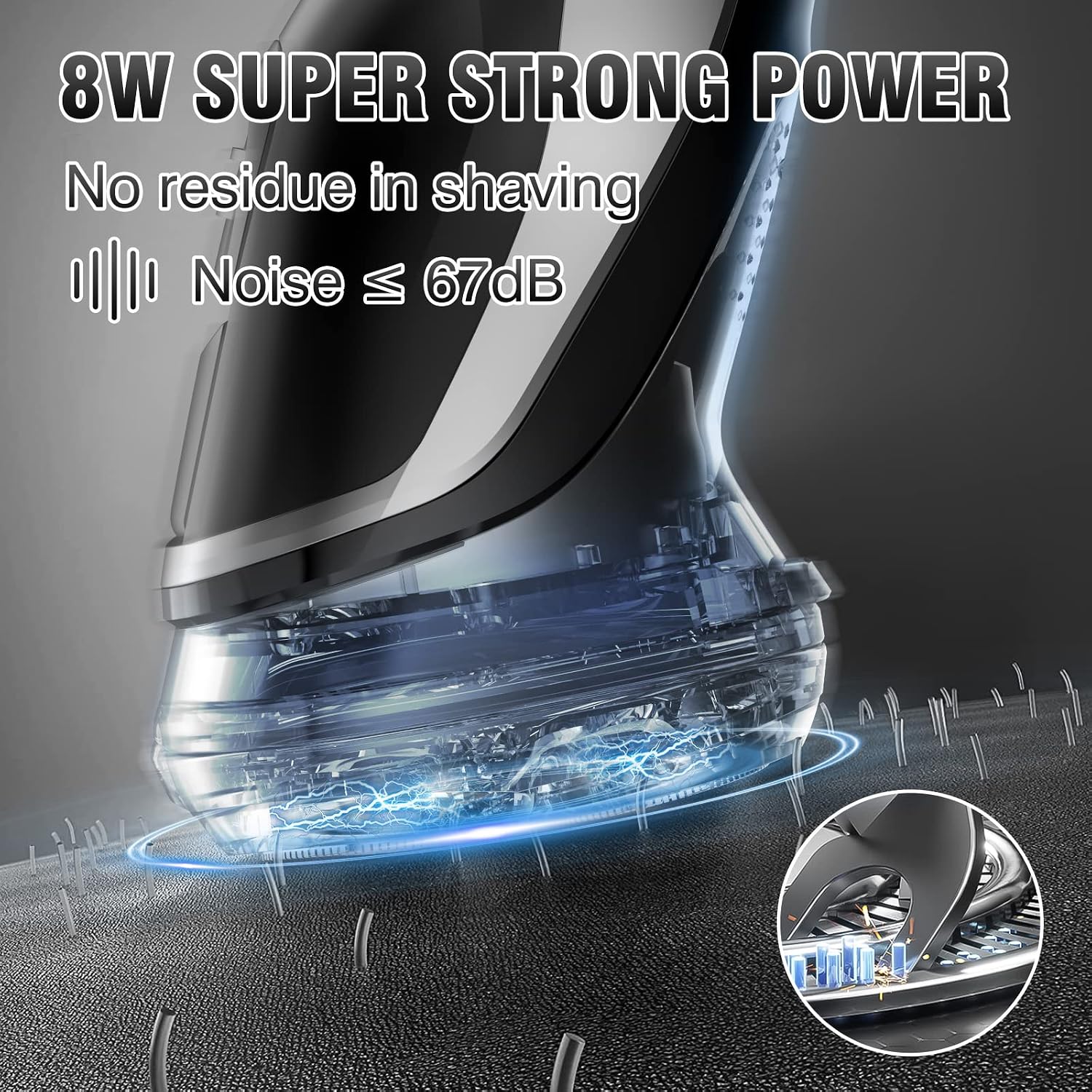 Close-up of the Sejoy Electric Shaver highlighting the 3D independent floating heads and high precision steel blades.