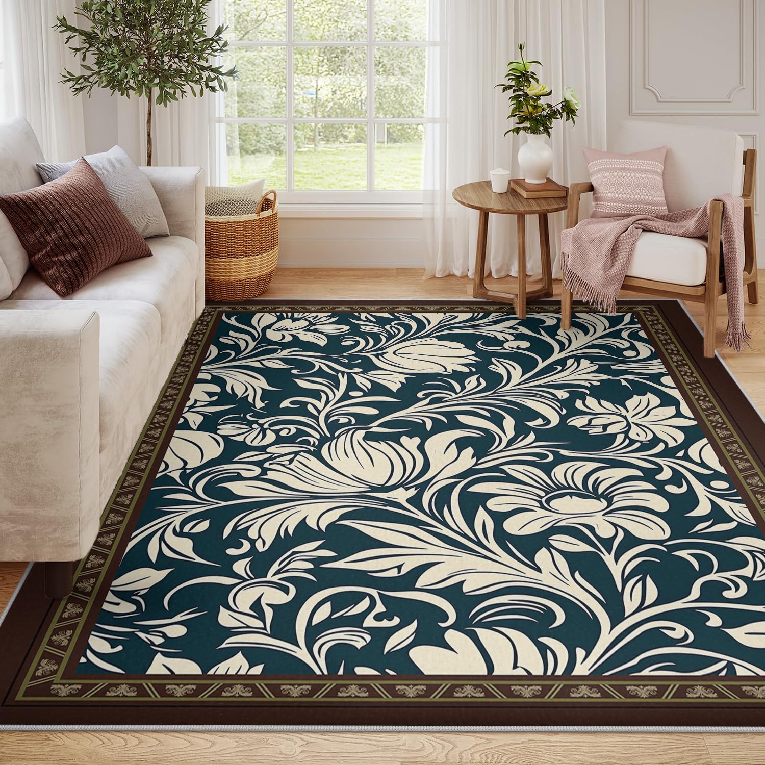 Tapis de salle à manger moderne bleu et blanc style ferme bohème lavable