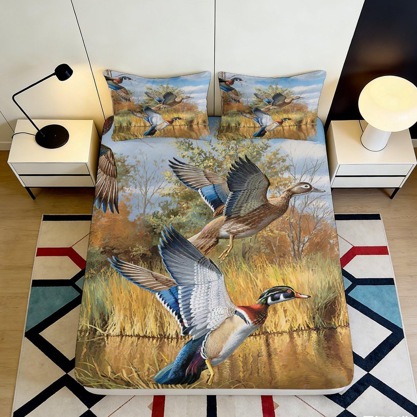 3D Printed Wild Duck Nature Fitted Sheet Microfiber Soft 3D Landscape Bed Cover for Bedroom Guest Room Dorm Decor 120x200x25cm
