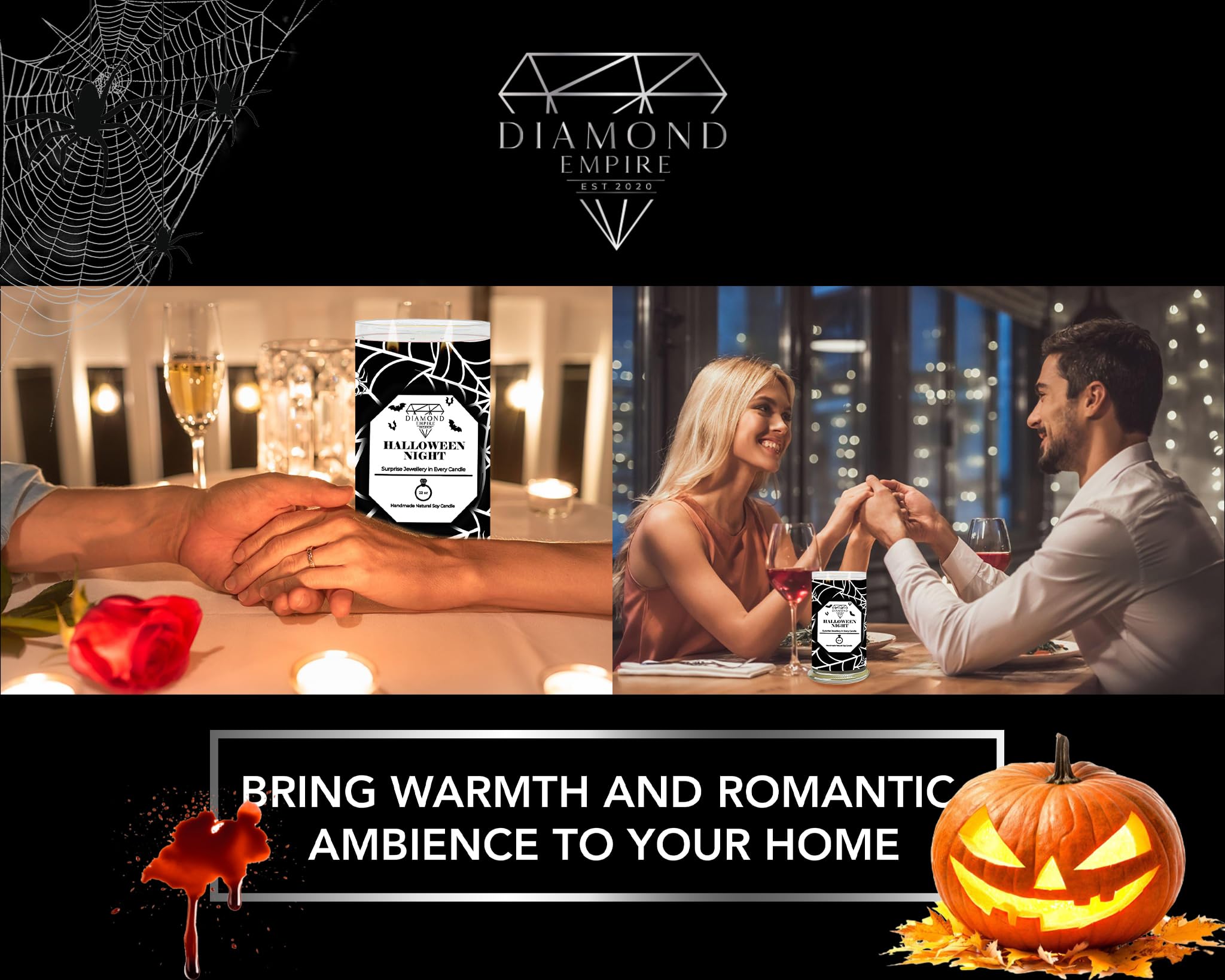 Diamante Empire notte di Halloween con gioielli a sorpresa all'interno (gioielli a sorpresa del valore fino a £2.500) 2 stoppini candela di Halloween (durata fino a 120H) (anello L/M)