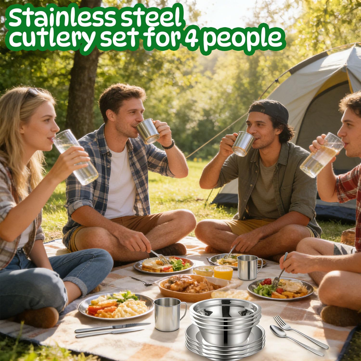 Couvert Camping pour 4 Personnes,29 pièces Couverts Camping Acier Inoxydable Assiette Tasse Couteau Fourchette Cuillère Sac Rangement,pour Famille et Amis Randonnée Pique-Nique Voyage