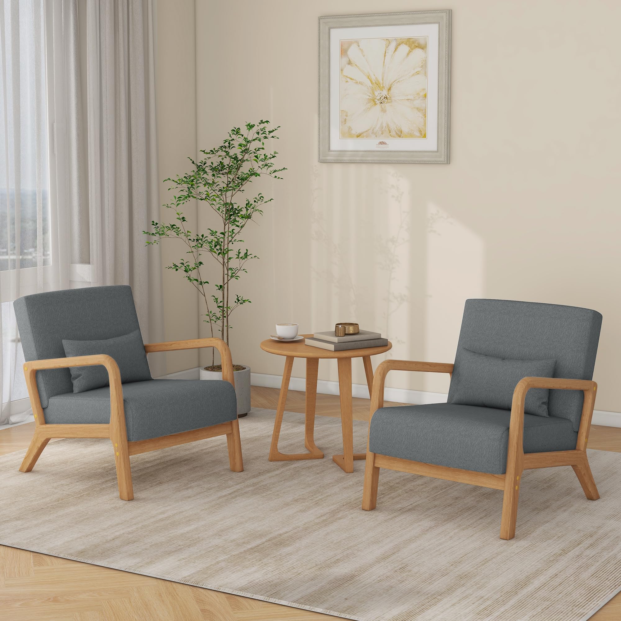 DREAMSIDEA Accent Chair, Mid Century Modern Armchair with Pillow, Upholstered Lounge Sofa Reading Side Chair for Living Room Bedroom（Grey, Set of 2