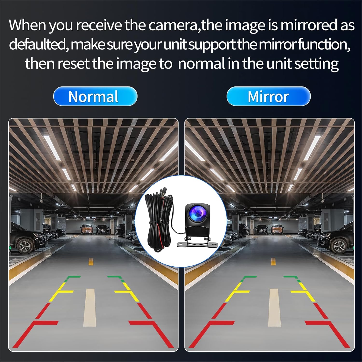 Diagram illustrating normal and mirrored camera views with settings adjustment