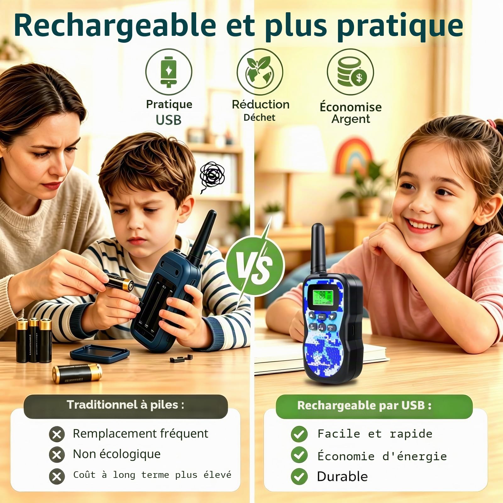 JUAUO 3PCS Talkie Walkie Enfants Rechargeable, 8 Canaux Radio à 2 Voies Talkie-Walkie Longue Portée 3 KM, Cadeaux d'anniversaire pour Garçons Filles, Jouets de Plein air pour Enfants de 3 à 12 Ans