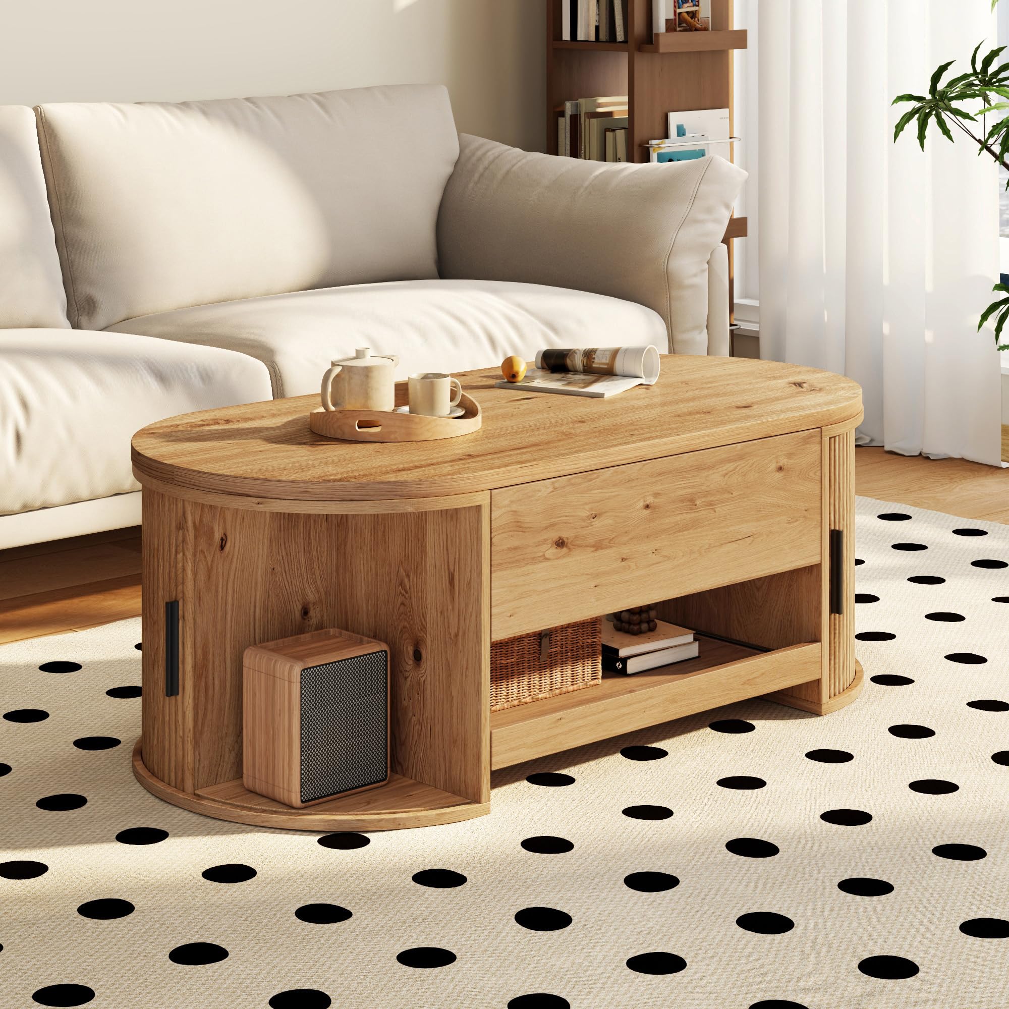 Couchtisch mit Hebefunktion, Natürlich, moderner Sofatisch mit Rillenstruktur, seitlichen Schiebetüren, verstecktem Stauraum, multifunktionaler Kaffeetisch