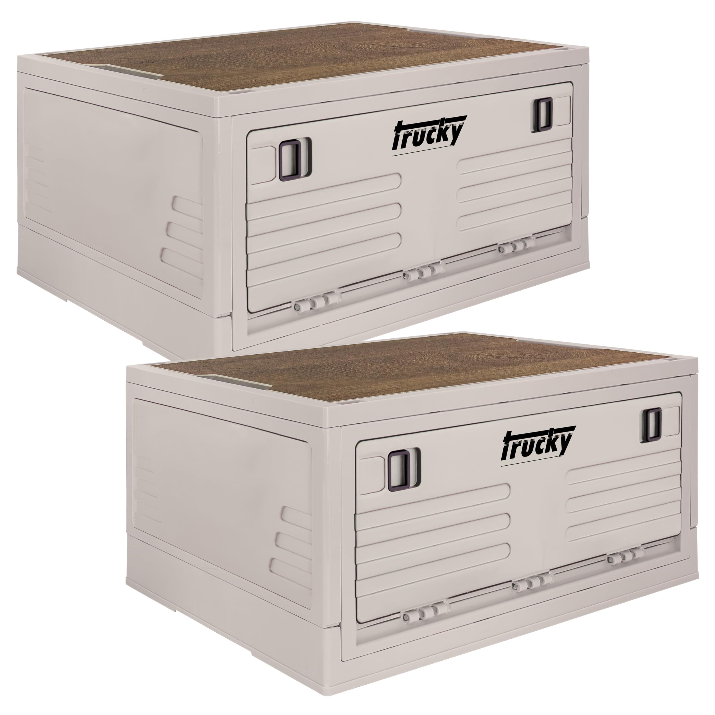 Trucky Caja de almacenamiento con tapa, juego de 2 unidades, 35 L, 48 x 30 x 24 cm, camping, caja plegable, caja de almacenamiento con tapa, plegable, color beige