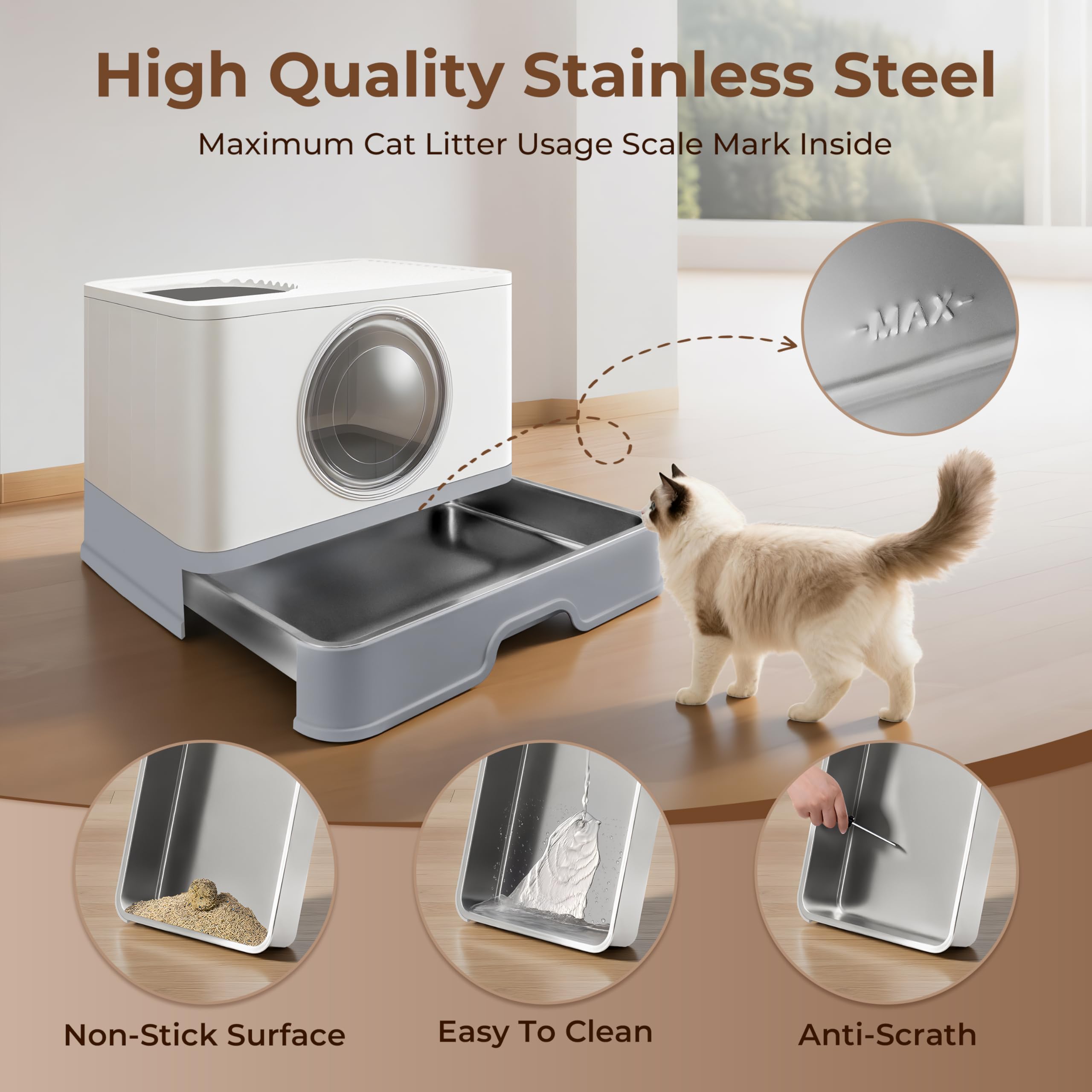 XXXL Stainless Steel Litter Box with Lid, Front Entry Top Exit, Extra Large Metal Cat Litter Box with Drawer, Maine Coon Cats, with Litter Scoop & Litter Mat, Anti-Odor, Anti-Leakage & Non-Stick - image 5