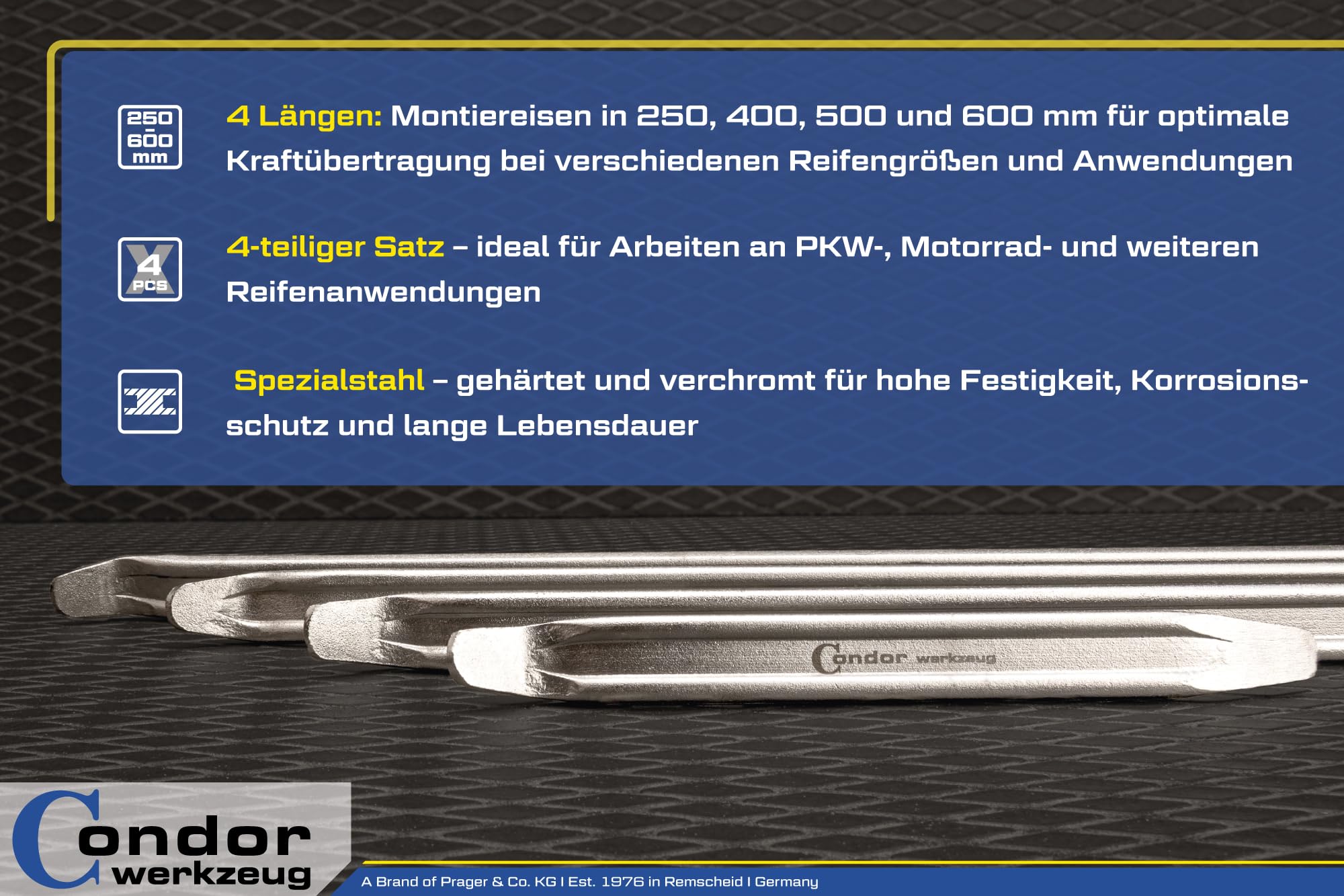 CONDOR Werkzeug 8265 | Reifen-Montiereisen-Satz | 4-TLG. | 250-400 - 500-600 mm | Montierhebel Reifenmontage Werkzeug für Hobby und Profi Handwerker