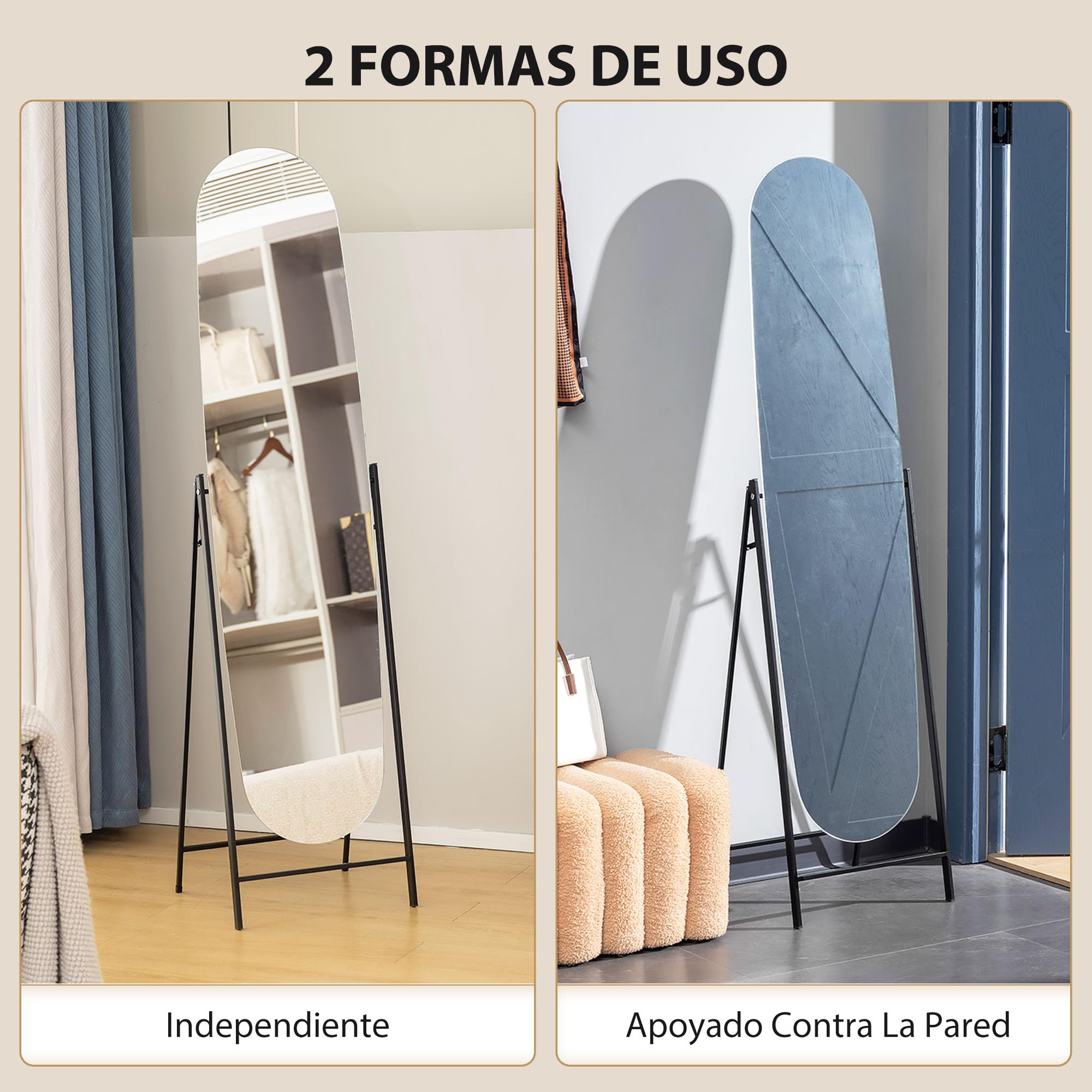 HOMCOM Espejo de Cuerpo Entero Arqueado 160x40 cm Espejo de Pie Negro | Apoyado en la Pared, sin Marco, Soporte de Metal, para Salón, Dormitorio, Vestidor y Entrada