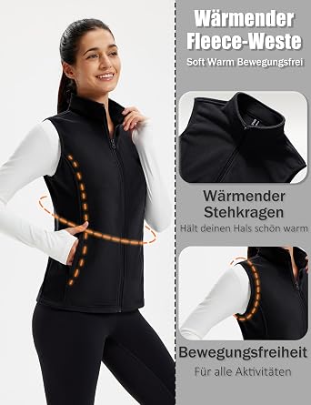 TACVASEN Women's Fleece Vest Outdoor Sleeveless Jacket Stand Collar Warm Fleece Vest with Zip Pockets Sports Vest for Women