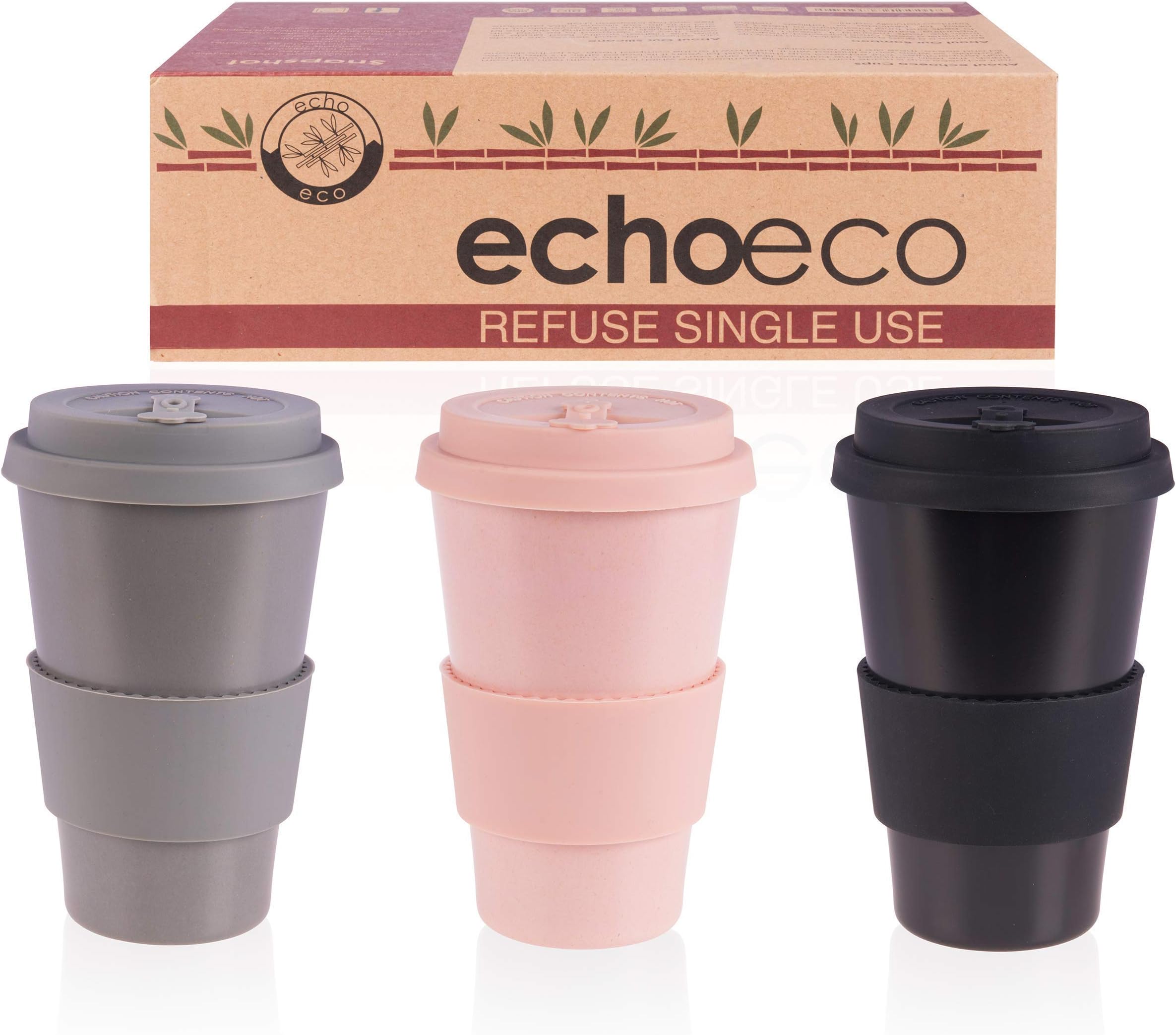 EchoEco® Reusable Bamboo Coffee Cup [3 Pack] Travel Tea Mug with Lid & Sleeve - Zero Plastic, Biodegradable, Sustainable, Eco & Environmentally Friendly, Lightweight, Organic, to Go, 400ml - UK Brand