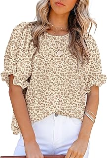 Dokotoo Floral Print Blouses for Women Crewneck Smocked Puff Sleeve Shirts Casual Babydoll Tops