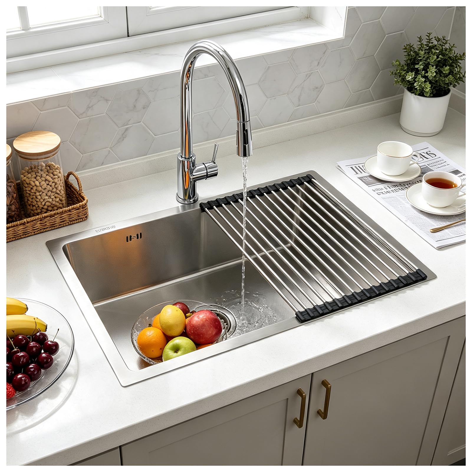 HZKSINNK Stainless Steel Sink, 55 x 40 cm, Single Bowl with Rolling Drying Mat, Brushed Surface, Built-in Sink, Easy Care, Sink for the Kitchen