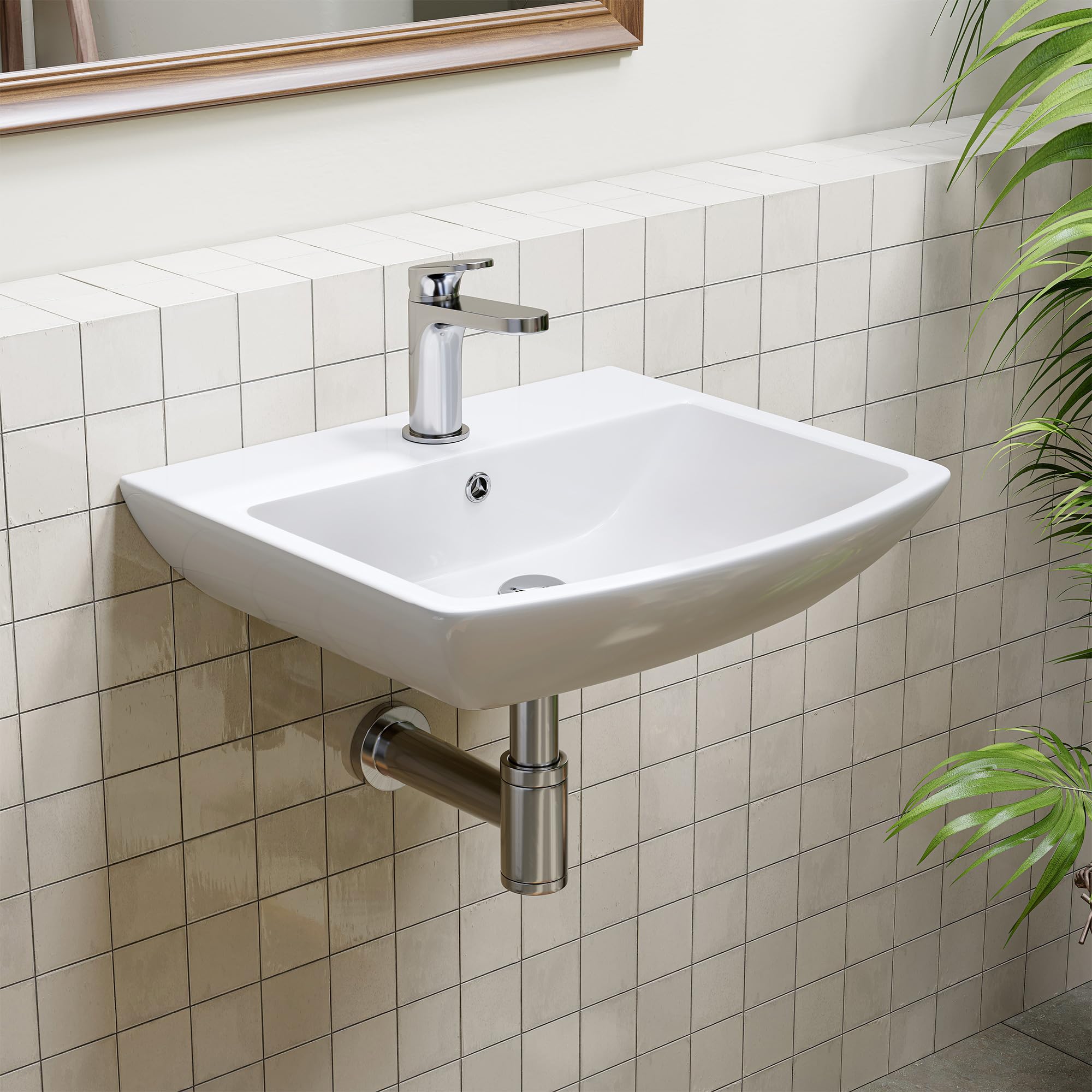 HOROW Lavabo da bagno piccolo con troppopieno, lavabo da tavolo, per bagno degli ospiti, lavabo sospeso, lavabo da parete con foro per rubinetto, in ceramica, bianco, 50 cm