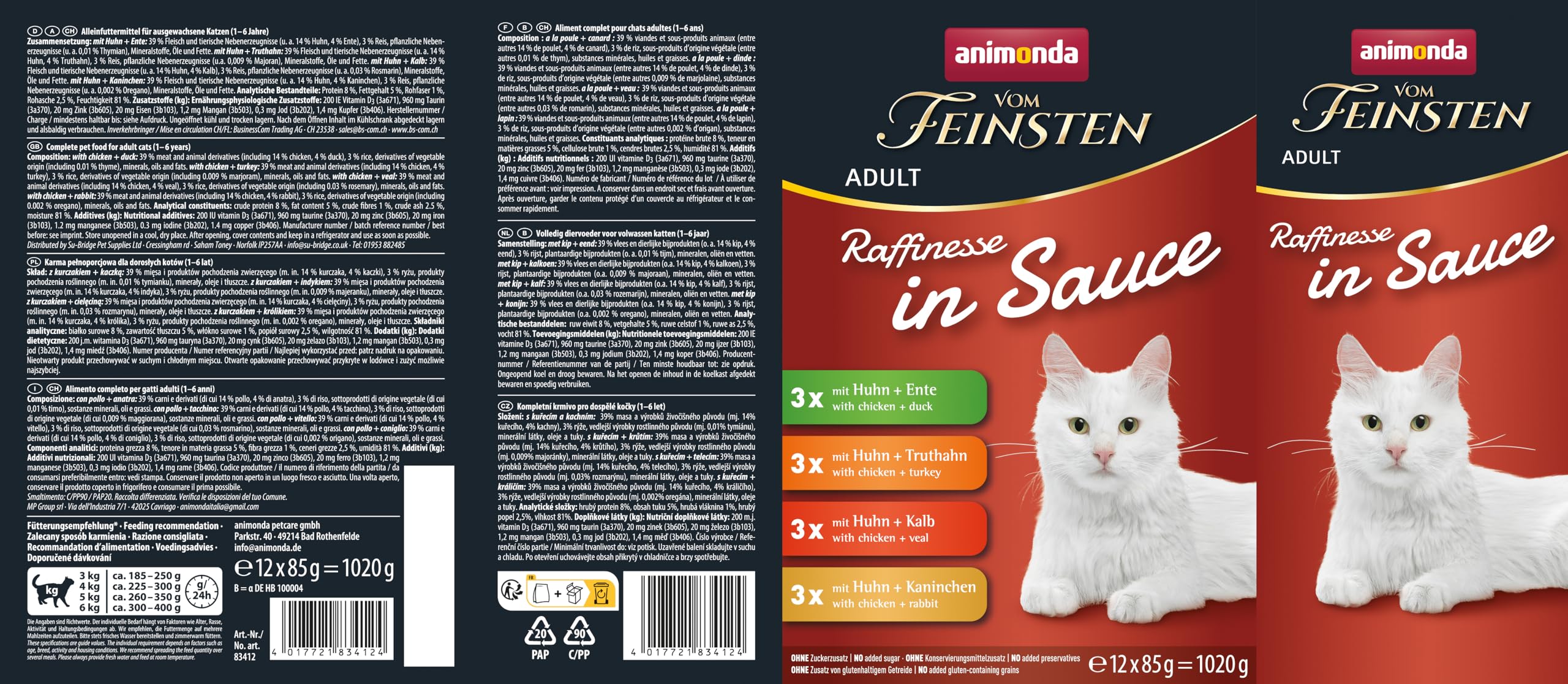 animonda Vom Feinsten Adult Rffinesse karma dla kotów w sosie, opakowanie mieszane (12 x 85 g), mokra karma z tauryną i witaminą D3, bez dodatku cukru, soi i zbóż