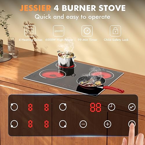 Miniatura 2 de Jessier Placa de cocina eléctrica de 24 pulgadas, encimera de 4 quemadores y placa de cocina eléctrica de cerámica con marco de metal de protección