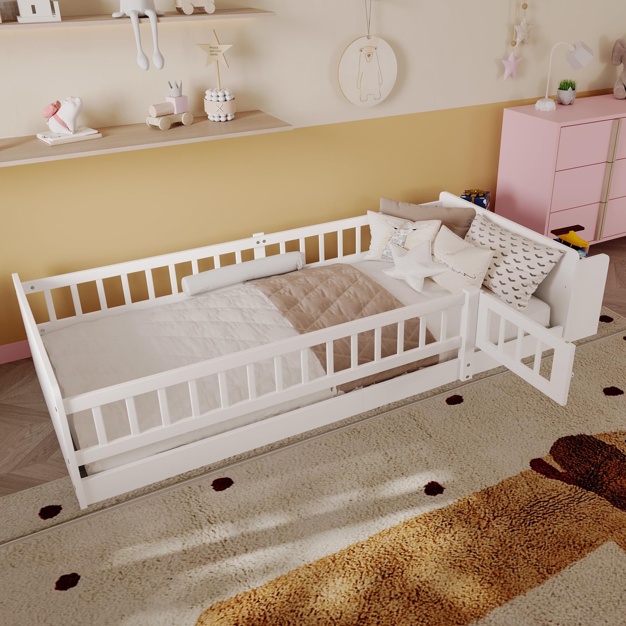 Kinderbett 90 x 200, Kinderbettgestell aus Massivholz mit Stauraum, Vollschutzgitter und Türen und Lattenrost, Holzbett mit Einlegeböden, Rausfallschutz, Kinder Bett, Hausbett, Ohne Matratze, Weiß