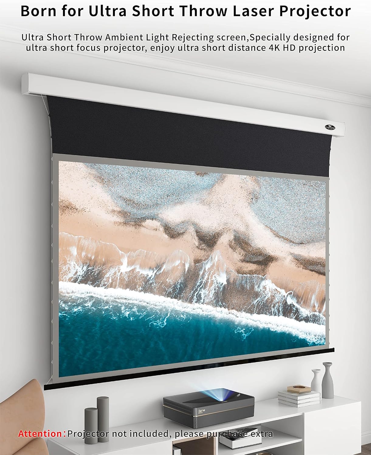 VIVIDSTORM-Projection Screen,PRO Slimline Motorized Electric Tab-tensioned/Remote Controlled Drop Down Screen,Compatible with 4K Ultra Short Throw Laser Projector,VMSLUST120H-W