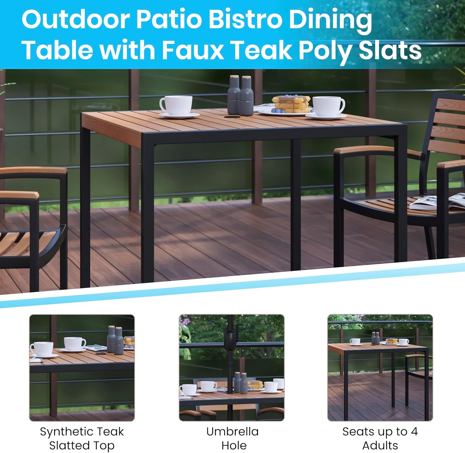 Square Black Steel Frame Dining Table with Faux Teak Top