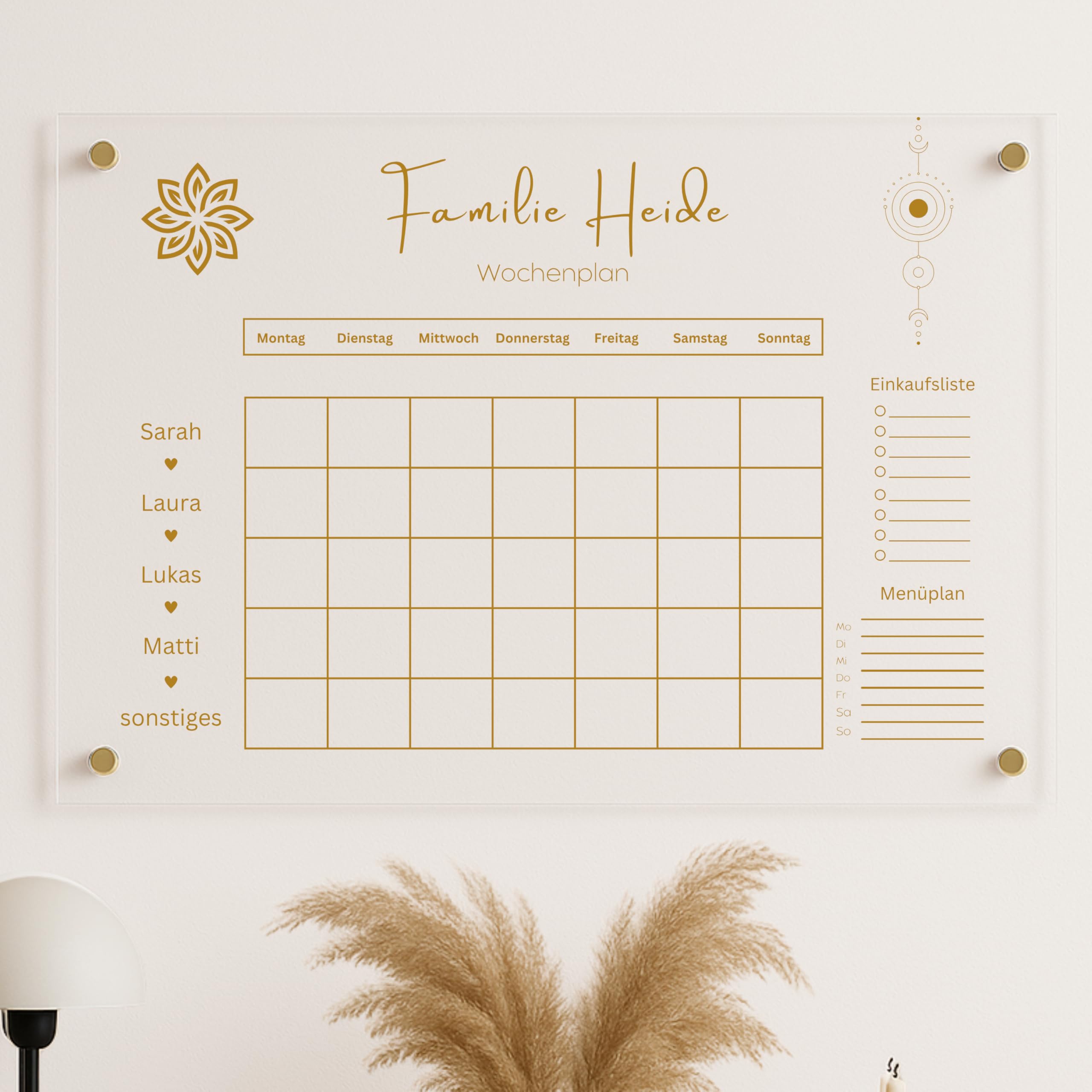 EmiliaLotte Personalisierter Familienplaner aus hochwertigem Acryl I Abwischbarer Wand Kalender für die ganze Familie I Wiederverwendbarer Wochenplaner mit Einkaufsliste, Menüplan & Mehr - Esoterik
