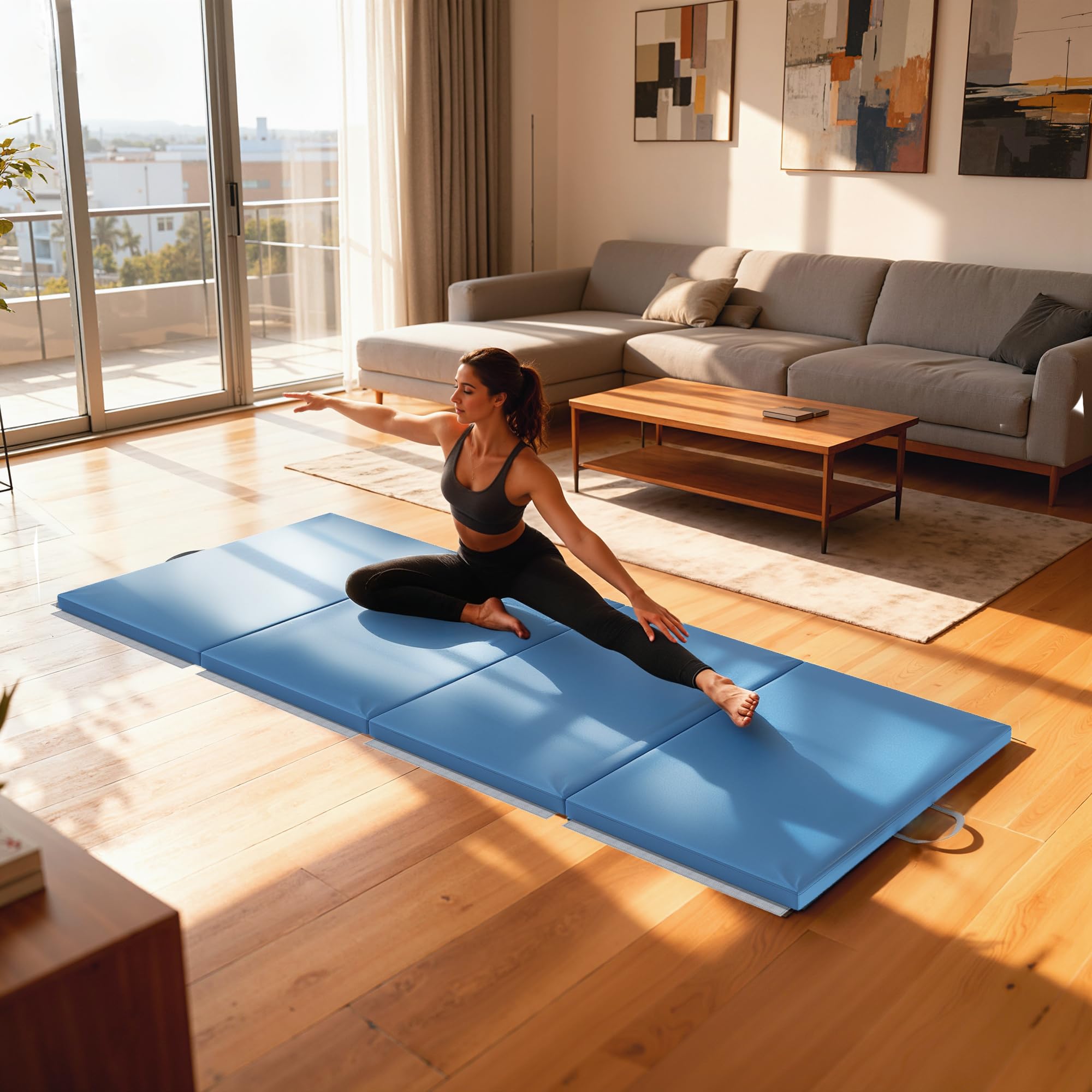 HOMCOM Trainingsmatte, Faltbare Fitnessmatte Sportmatte mit Griffen Gymnastikmatte Gymnastik Tumbling Matte für Yoga, MMA, Fitness, Pilates, Synthetikbezug, Hellblau, 240 x 120 x 5 cm