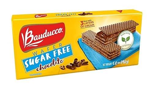 Bauducco Galletas de oblea de chocolate, deliciosas y crujientes sin azúcar, con 3 deliciosas y deliciosas capas de crema con sabor a chocolate,