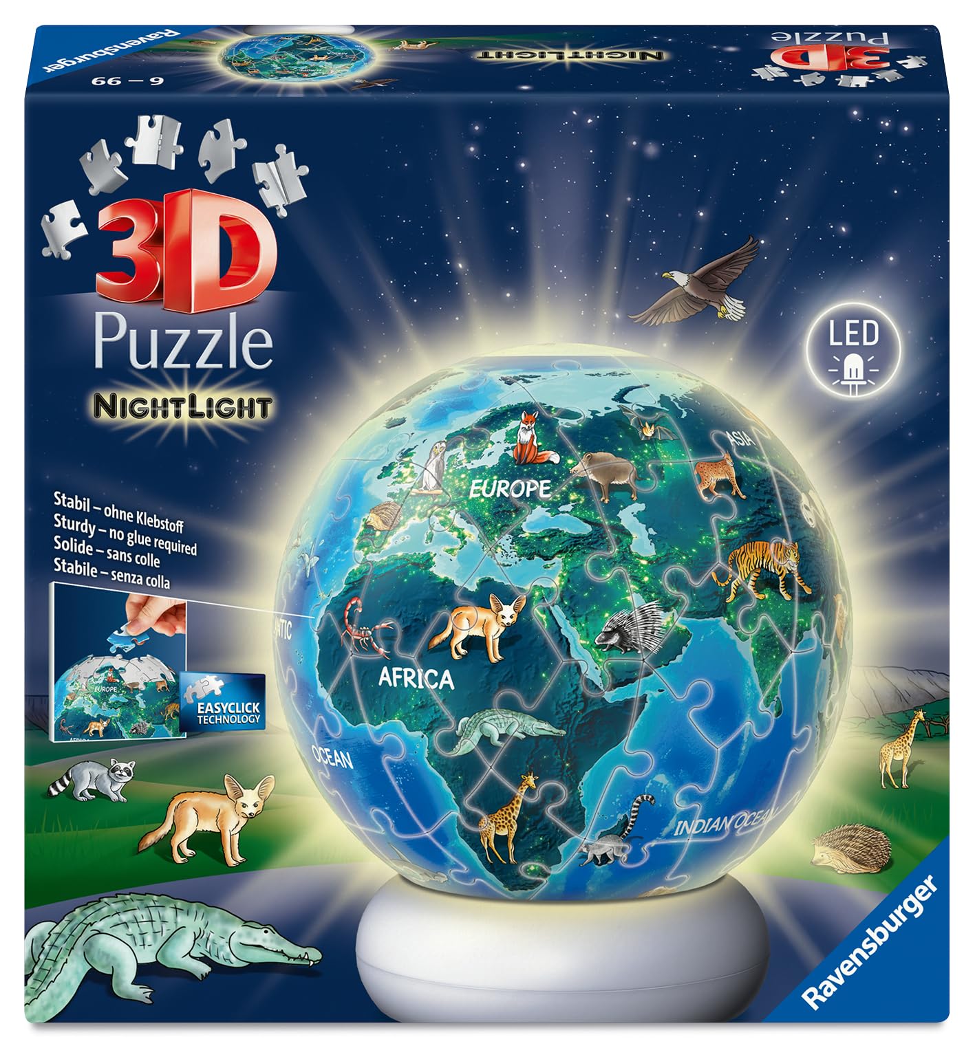 Ravensburger 3D Puzzle Erde mit Tiermotiven - 3D Puzzle Kinder ab 6 Jahren - Puzzle-Ball mit LED Nachtlicht als Nachttischlampe für Kinder - Kinderglobus Geschenke für Mädchen und Jungen - 12008055