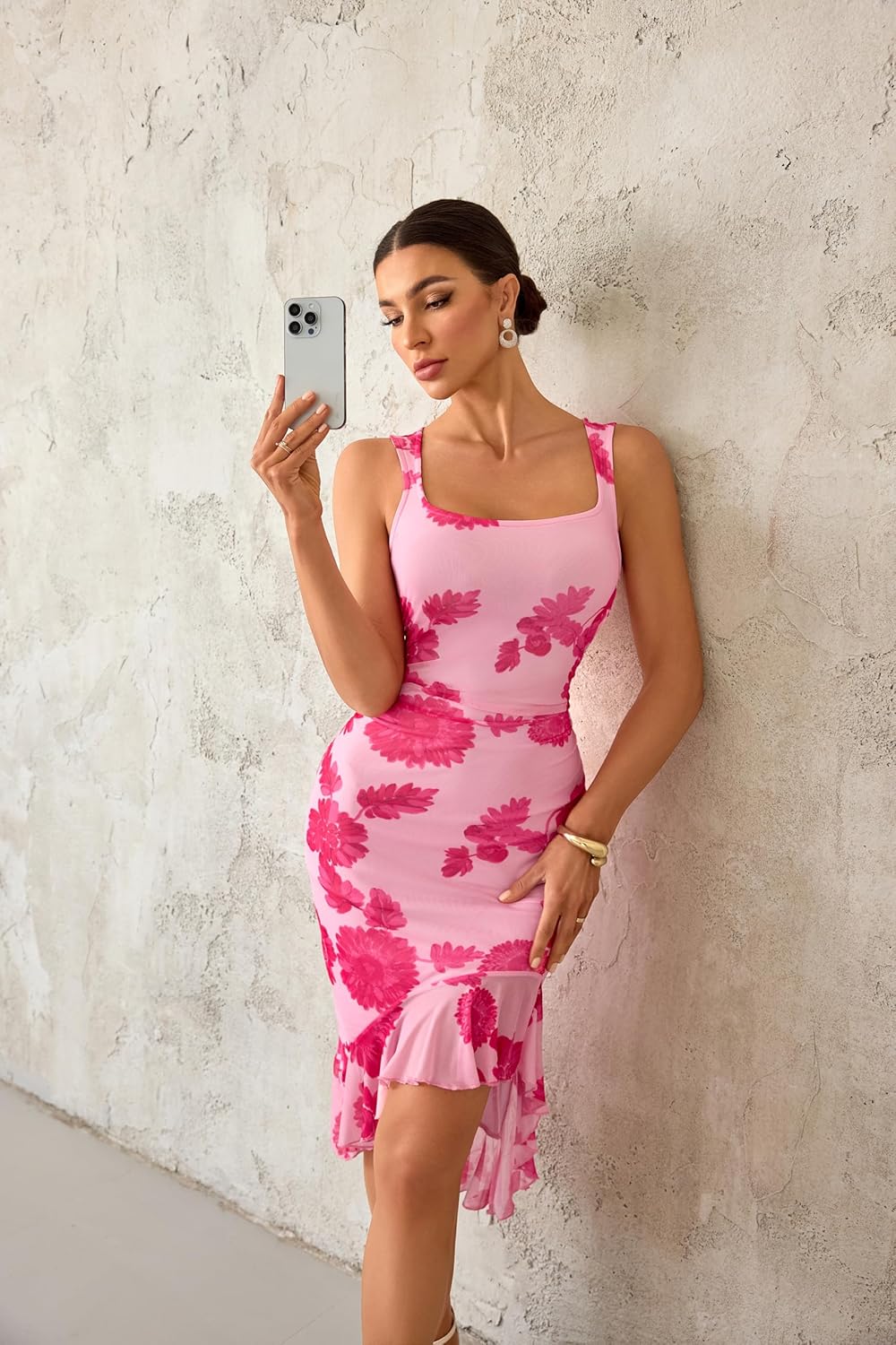 MEROKEETY Women's 2026 Summer Floral Bodycon Dress Square Neck Sleeveless Ruffle Cocktail Mesh Beach Vacation Midi Dresses - Image 9