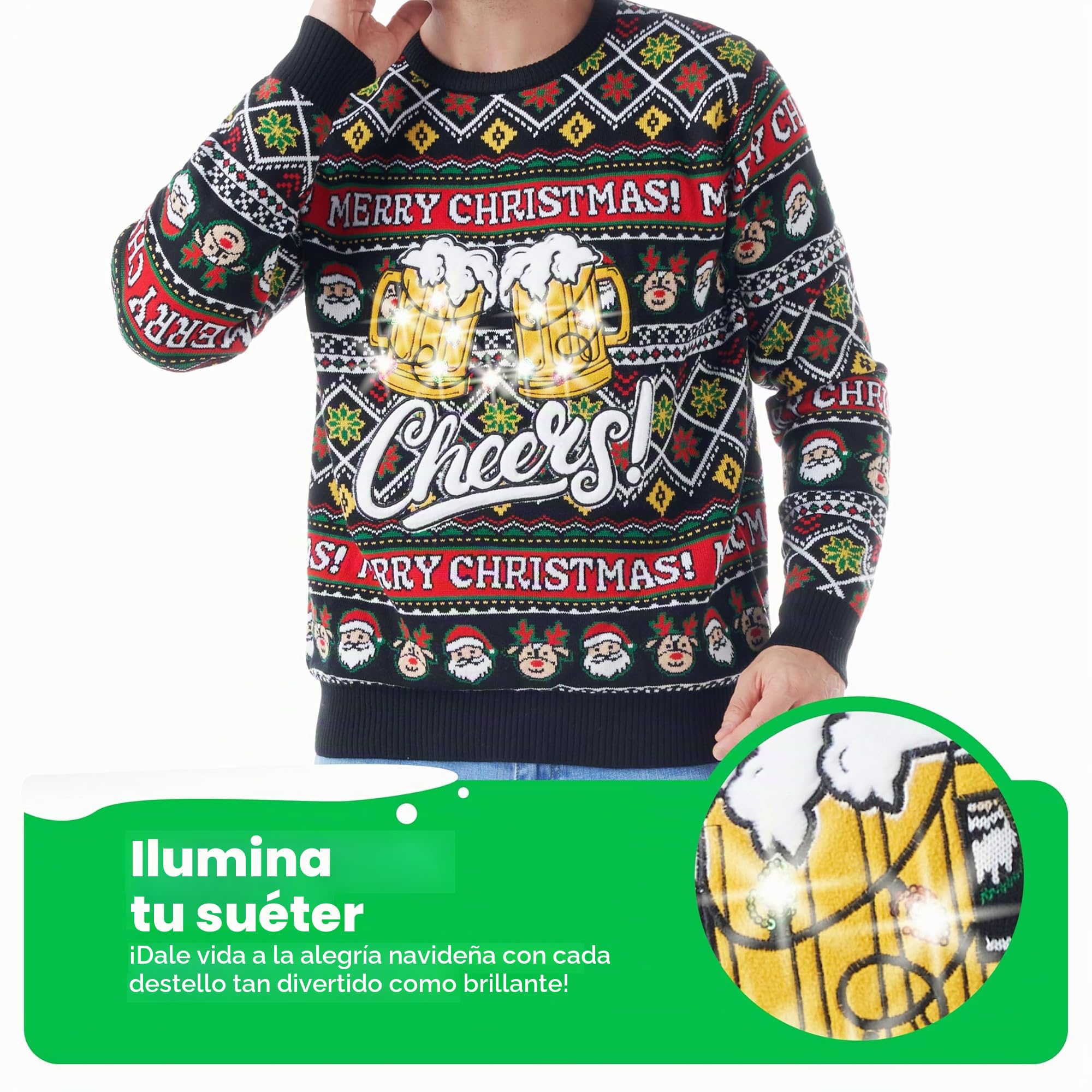 Giggling Getup Suéter de Navidad feo brillante para hombre, divertido y feo suéter navideño con luces LED, suéter de vacaciones de Navidad en negro
