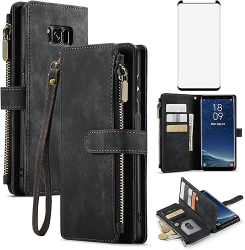 Asuwish Funda de teléfono para Samsung Galaxy S8 Plus Funda tipo cartera y protector de pantalla de vidrio templado de cuero con tapa para tarjeta