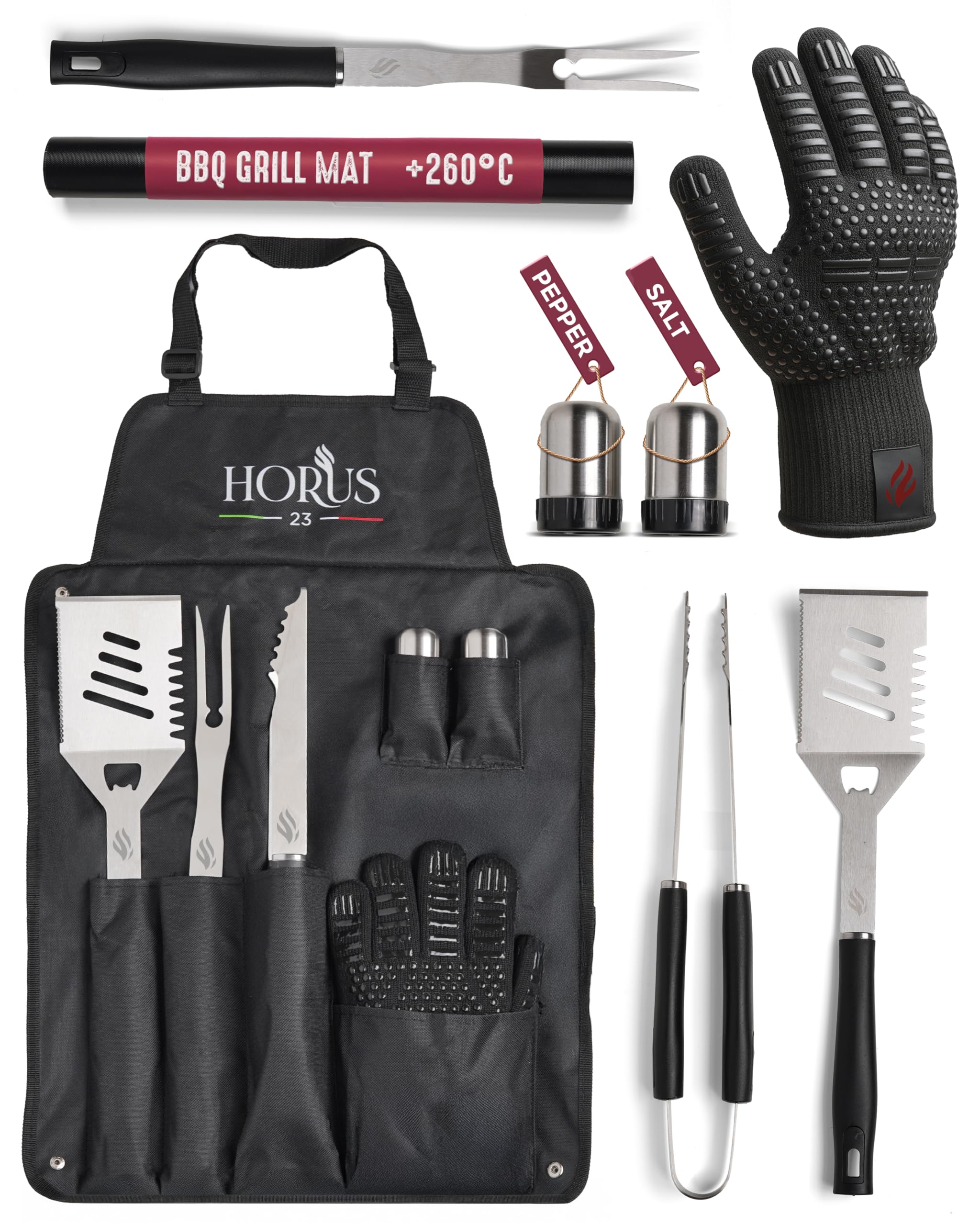 HORUS 23 ® – Grill Set mit Grill Zubehör aus Edelstahl, Oxford-Schürze, Hitzeschutzhandschuh und Grillmatte - Geschenke für Männer Grillen