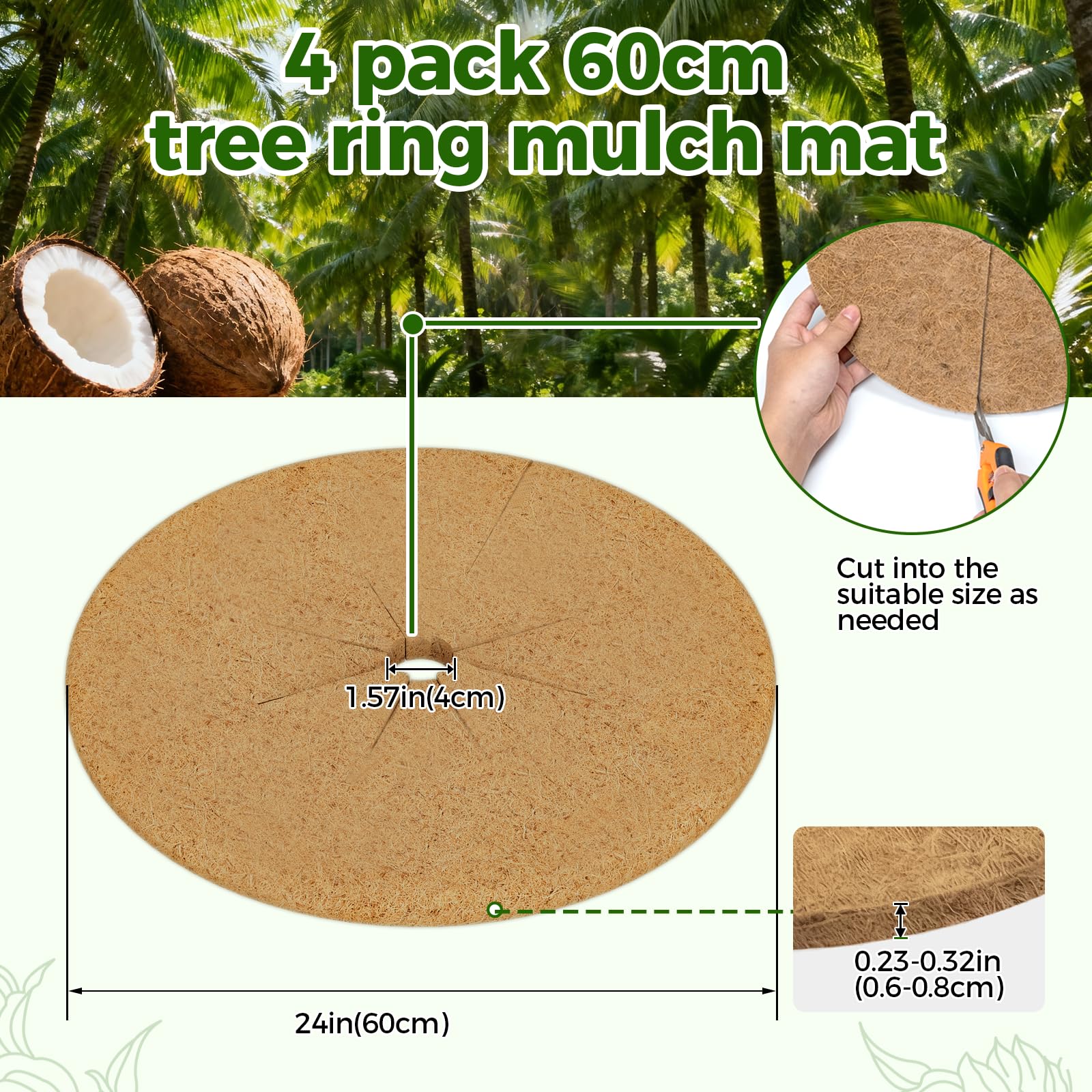 Bamworld 4 Anneaux de Paillage Fibre de Coco, 60 cm Protection Arbre Naturelle, Couvre-Sol pour Plantes Intérieur Extérieur et Aménagement Paysager, Marron